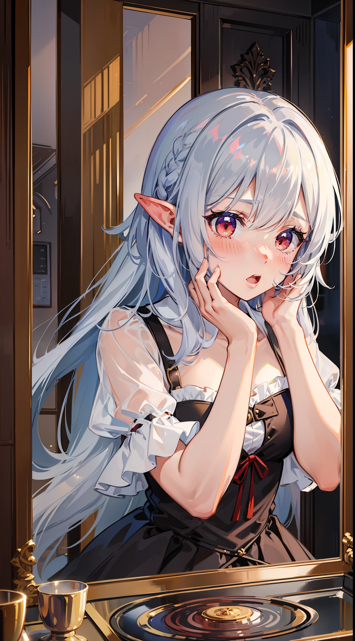 ((Putting both hands on their face)), ((Surprised)), (Looking at the front)), (blush), 1girl, Elf, Silver hair, Red eyes, Braided hair, Bob cut, Fantasy style costume, Wizard, Ruffles, Robe, Long skirt, Tights, Black cloak, Sink, Washroom, Mirror, Slender girl, Concept art, Beautiful anime scene, Beautiful anime scenery, Top Quality, ((Masterpiece))