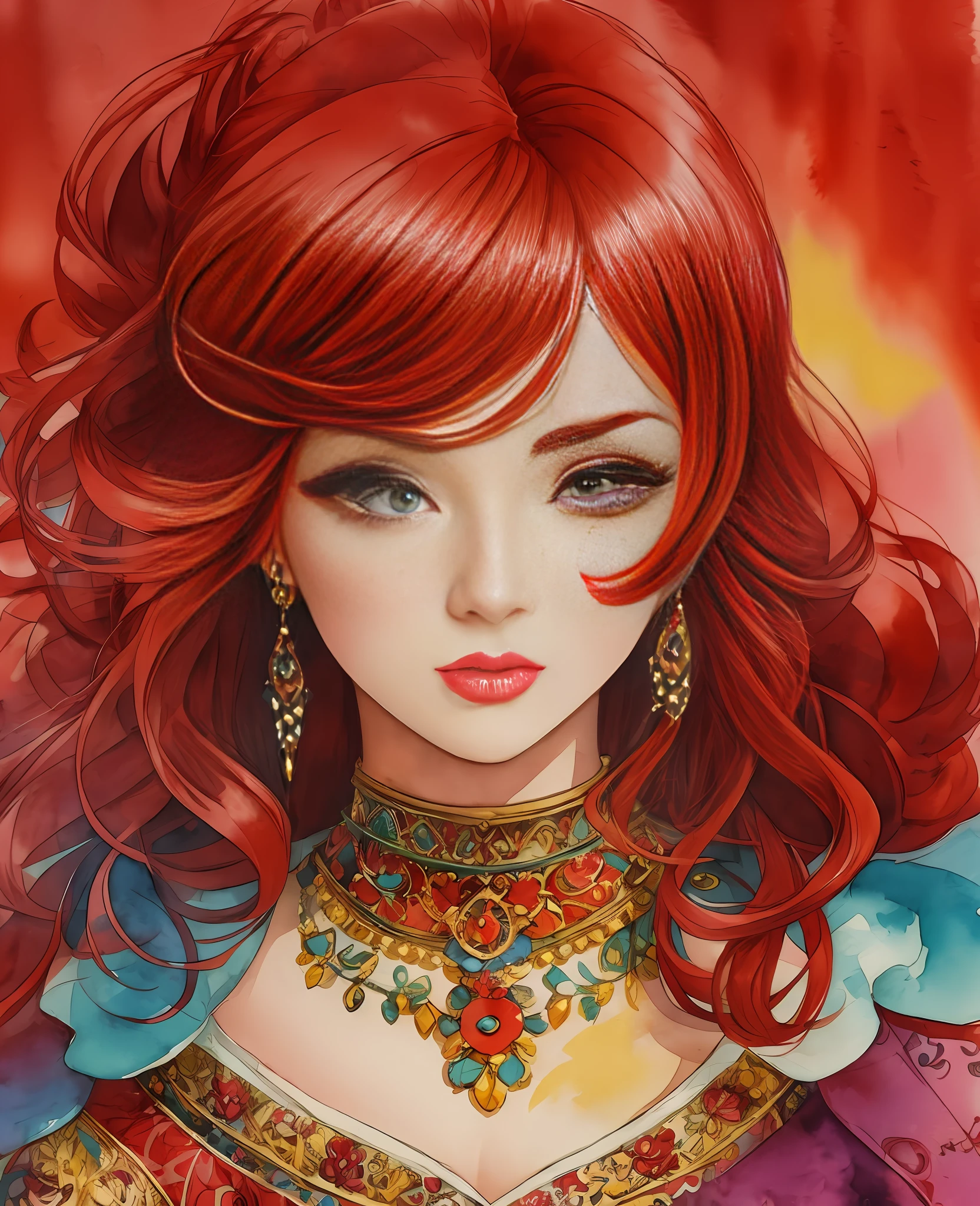 Beautiful girl, red hair, retro fashion, chibi and real style, masterpiece, colorful background, detailed, intricate details, rich colors, realistic style, soft watercolor