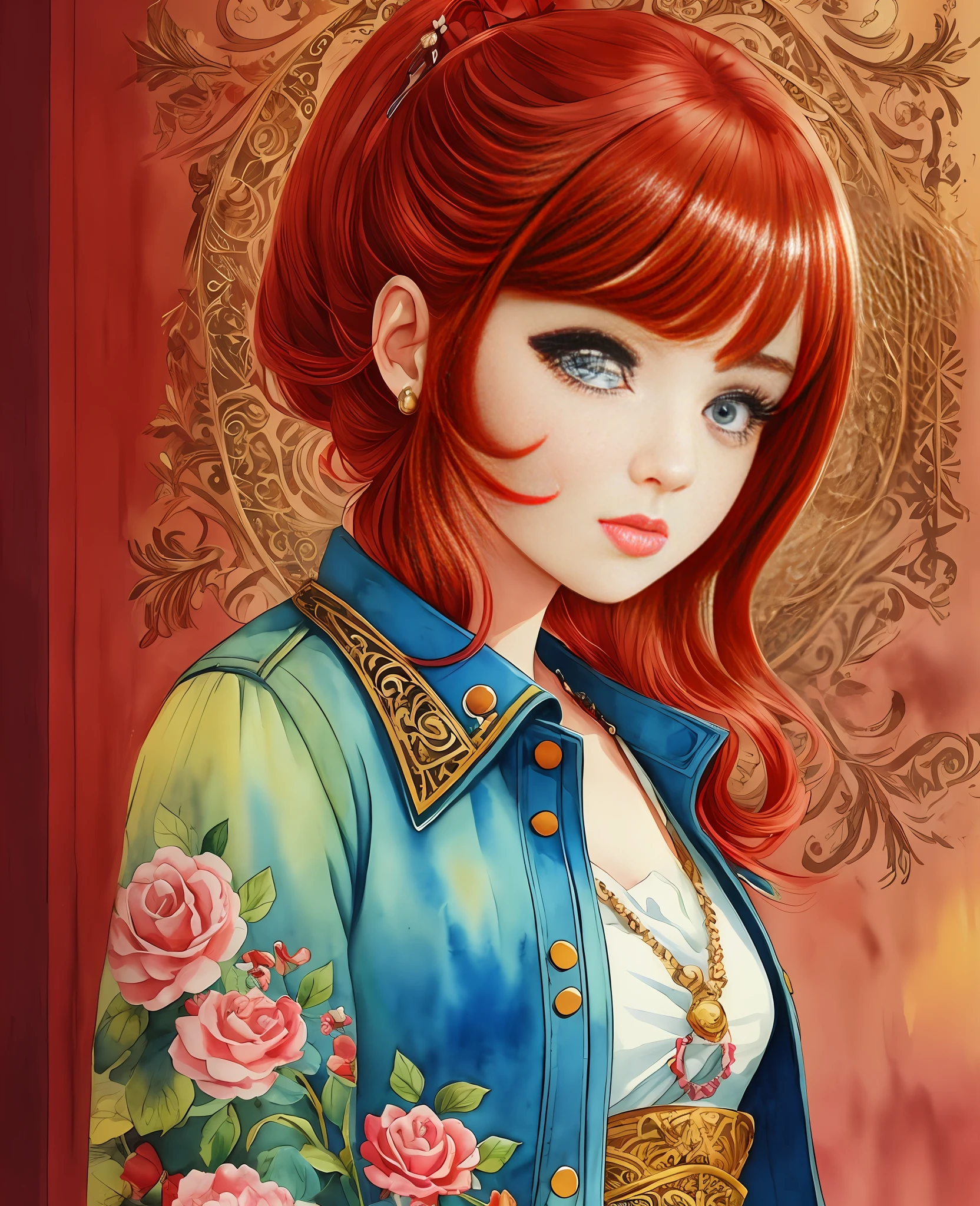 Beautiful girl, red hair, retro fashion, chibi and real style, masterpiece, colorful background, detailed, intricate details, rich colors, realistic style, soft watercolor