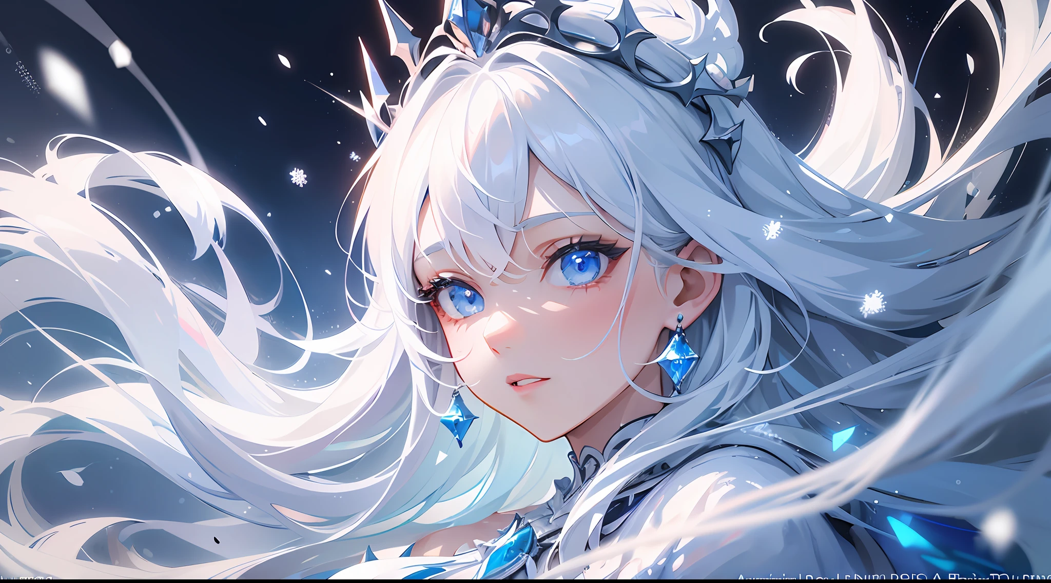 wlop, aeolian, jewelry, woman, queen, white robe, white eyelashes, dyed snow face, cold, frost, color, side light, pointed crown, super detail, depth of field, magic array, white hair, blue eyes, lips, snow, snow magic, white magic, sapphire, ice cap, ice crystal fragments, ice, large area white, incredible, super detail, extremely detail, (high contrast: 1.11), wind, amazing, beautiful detail eyes, messy hair, ( best lighting, extremely delicate and beautiful), ((cinema light)), (from the side: 1.3), 8K, masterpiece, best quality, movie stills, 1girl, floating in the sky, cloud girl, clouds, (close-up: 1.1), bright, happy, fun, soft lighting, (Bauhaus, shapes, lines, abstract: 1.1) official art, Unity 8k wallpaper, super detailed, beautiful and beautiful, masterpiece, best quality, (dynamic angle: 1.4), romantic depth of field exotic_ dance, Perfect NwsjMajic, (Masterpiece, Top Quality, Best Quality, Official Art, Beauty and Aesthetics: 1.2), Extreme Detail, Colorful, Highest Detail,