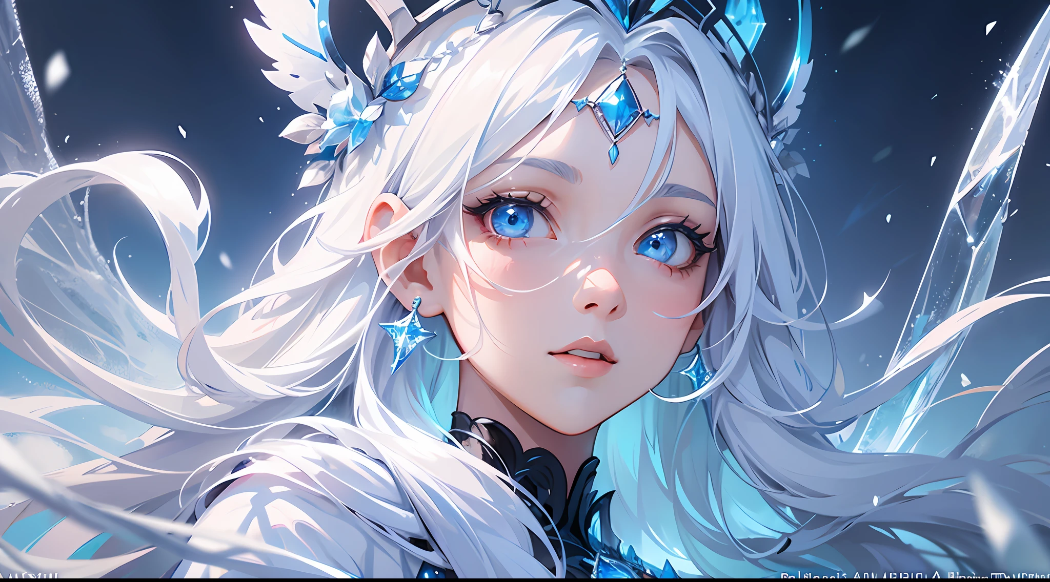 wlop, aeolian, jewelry, woman, queen, white robe, white eyelashes, dyed snow face, cold, frost, color, side light, pointed crown, super detail, depth of field, magic array, white hair, blue eyes, lips, snow, snow magic, white magic, sapphire, ice cap, ice crystal fragments, ice, large area white, incredible, super detail, extremely detail, (high contrast: 1.11), wind, amazing, beautiful detail eyes, messy hair, ( best lighting, extremely delicate and beautiful), ((cinema light)), (from the side: 1.3), 8K, masterpiece, best quality, movie stills, 1girl, floating in the sky, cloud girl, clouds, (close-up: 1.1), bright, happy, fun, soft lighting, (Bauhaus, shapes, lines, abstract: 1.1) official art, Unity 8k wallpaper, super detailed, beautiful and beautiful, masterpiece, best quality, (dynamic angle: 1.4), romantic depth of field exotic_ dance, Perfect NwsjMajic, (Masterpiece, Top Quality, Best Quality, Official Art, Beauty and Aesthetics: 1.2), Extreme Detail, Colorful, Highest Detail,
