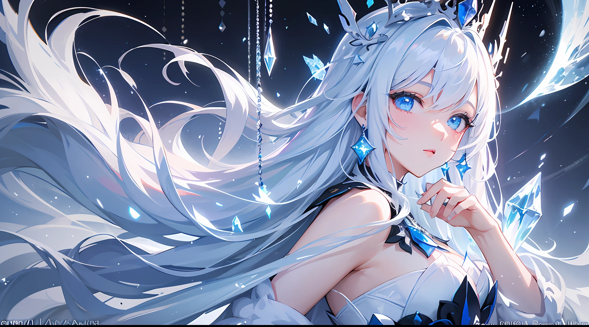 wlop, aeolian, jewelry, woman, queen, white robe, white eyelashes, dyed snow face, cold, frost, color, side light, pointed crown, super detail, depth of field, magic array, white hair, blue eyes, lips, snow, snow magic, white magic, sapphire, ice cap, ice crystal fragments, ice, large area white, incredible, super detail, extremely detail, (high contrast: 1.11), wind, amazing, beautiful detail eyes, messy hair, ( best lighting, extremely delicate and beautiful), ((cinema light)), (from the side: 1.3), 8K, masterpiece, best quality, movie stills, 1girl, floating in the sky, cloud girl, clouds, (close-up: 1.1), bright, happy, fun, soft lighting, (Bauhaus, shapes, lines, abstract: 1.1) official art, Unity 8k wallpaper, super detailed, beautiful and beautiful, masterpiece, best quality, (dynamic angle: 1.4), romantic depth of field exotic_ dance, Perfect NwsjMajic, (Masterpiece, Top Quality, Best Quality, Official Art, Beauty and Aesthetics: 1.2), Extreme Detail, Colorful, Highest Detail,