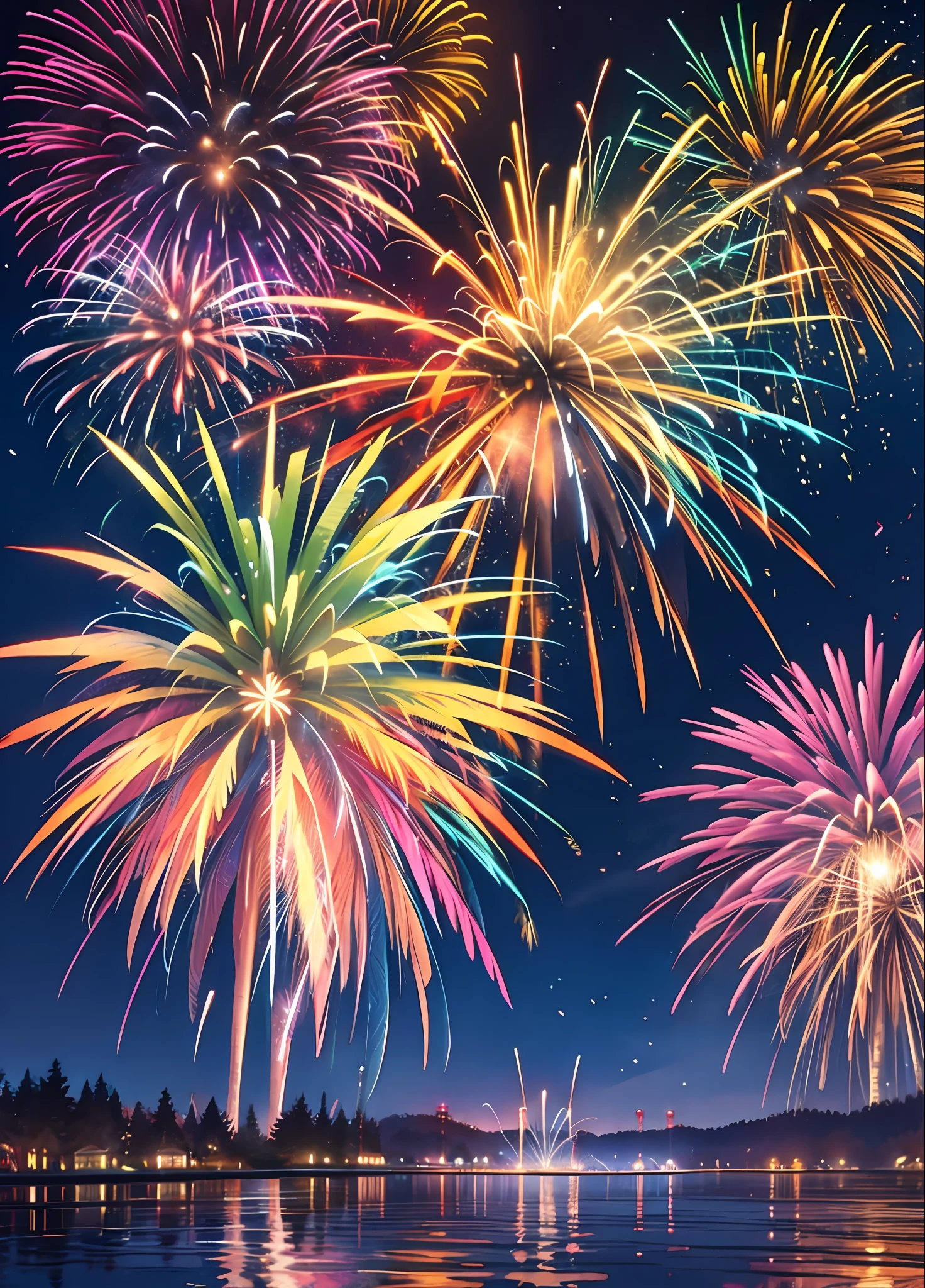 Watercolor, highest quality, 8k, masterpiece, fireworks display, festival,
