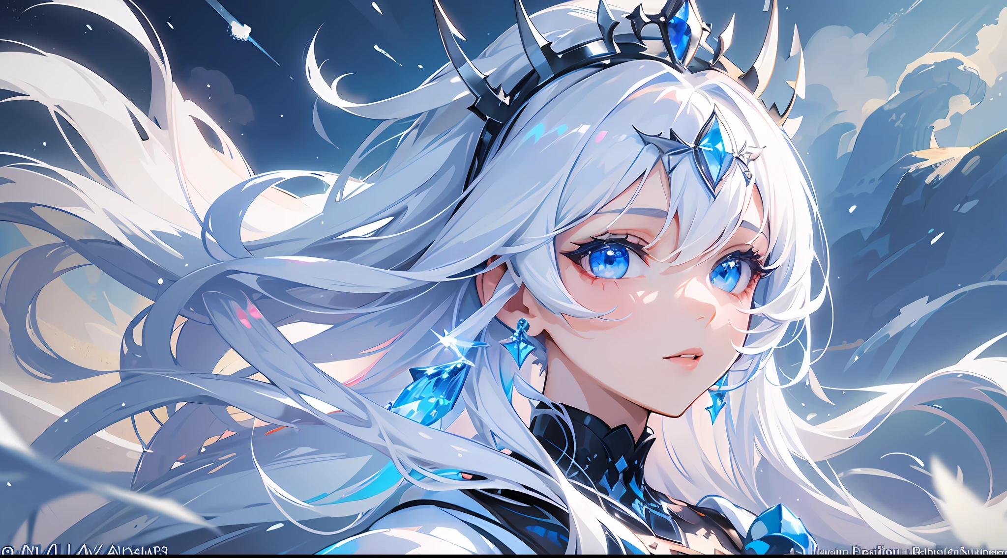 wlop, aeolian, jewelry, woman, queen, white robe, white eyelashes, dyed snow face, cold, frost, color, side light, pointed crown, super detail, depth of field, magic array, white hair, blue eyes, lips, snow, snow magic, white magic, sapphire, ice cap, ice crystal fragments, ice, large area white, incredible, super detail, extremely detail, (high contrast: 1.11), wind, amazing, beautiful detail eyes, messy hair, ( best lighting, extremely delicate and beautiful), ((cinema light)), (from the side: 1.3), 8K, masterpiece, best quality, movie stills, 1girl, floating in the sky, cloud girl, clouds, (close-up: 1.1), bright, happy, fun, soft lighting, (Bauhaus, shapes, lines, abstract: 1.1) official art, Unity 8k wallpaper, super detailed, beautiful and beautiful, masterpiece, best quality, (dynamic angle: 1.4), romantic depth of field exotic_ dance, Perfect NwsjMajic, (Masterpiece, Top Quality, Best Quality, Official Art, Beauty and Aesthetics: 1.2), Extreme Detail, Colorful, Highest Detail,