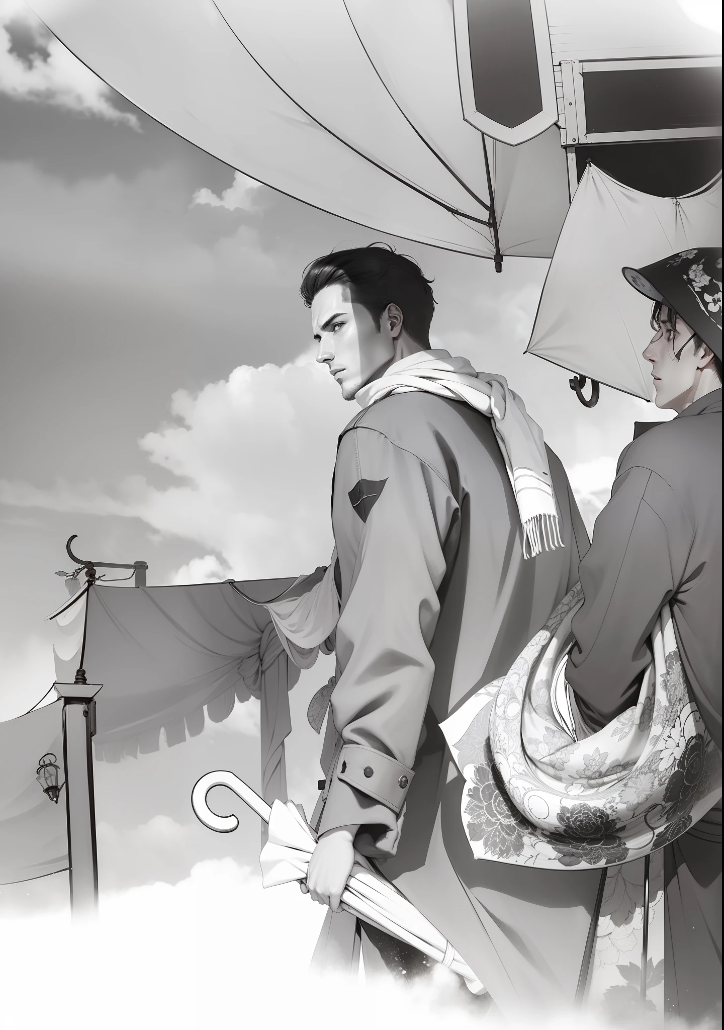 A man in a long shirt, holding an umbrella and a scarf
