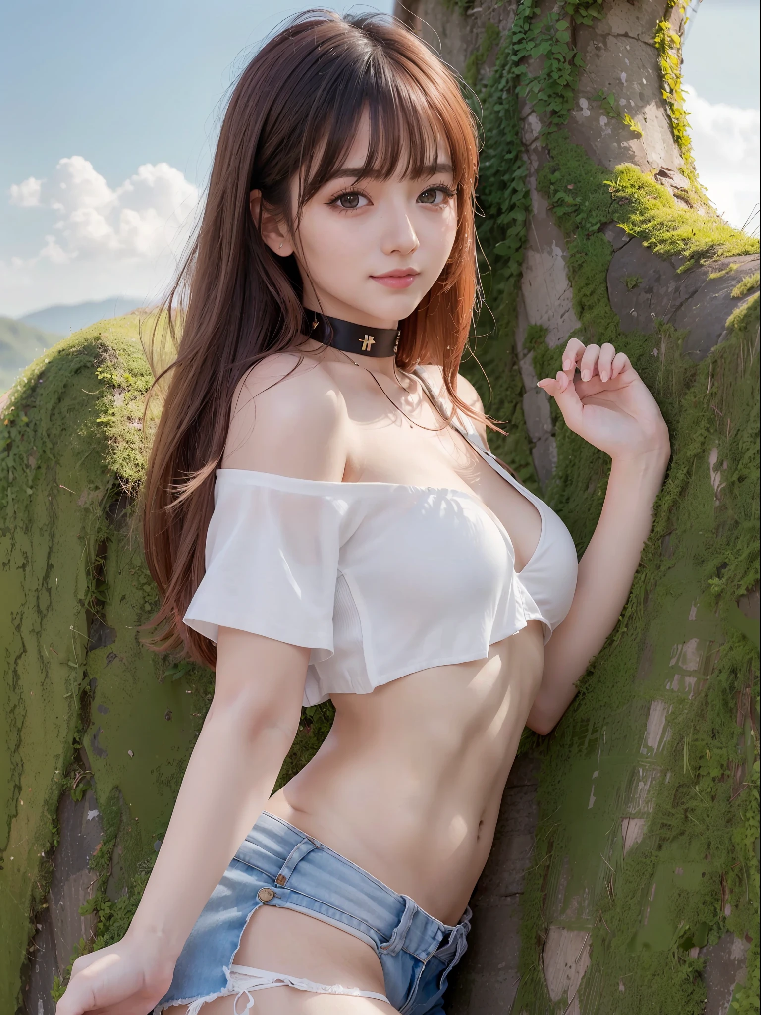 ((Daytime, Real Light, Top Quality, 8k, Masterpiece: 1.3)), 1 girl, chubby, beautiful girl: 1.4, abs 2,0, ass 1.5, (orange medium hair, small breasts 2.0), shorts, damaged: 1.2, off-shoulder, white sunny sky studio, ultra-detailed face, ultra-detailed eyes, back double eyelids, eyeliner, bangs free, navel sticking, choker, smile, blush, makeup, lips, cute makeup,