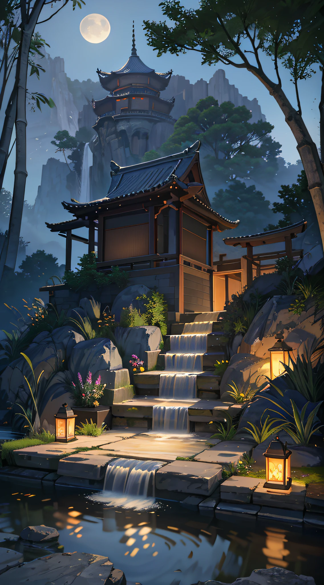 9:16 Full picture, ancient Chinese architecture, hazy moon, night, garden, bamboo, lake, stone bridge, rockery, arch, corner, rockery, tree, running water, landscape, outdoor, waterfall, grass, rock, water lily, hot spring , Water Vapor, (Illustration: 1.0), Epic Composition, Detail Enhancement, Detail Enhancement. Realistic lighting, HD details, masterpiece, best quality, (very detailed CG unity 8k wallpaper), (best quality)