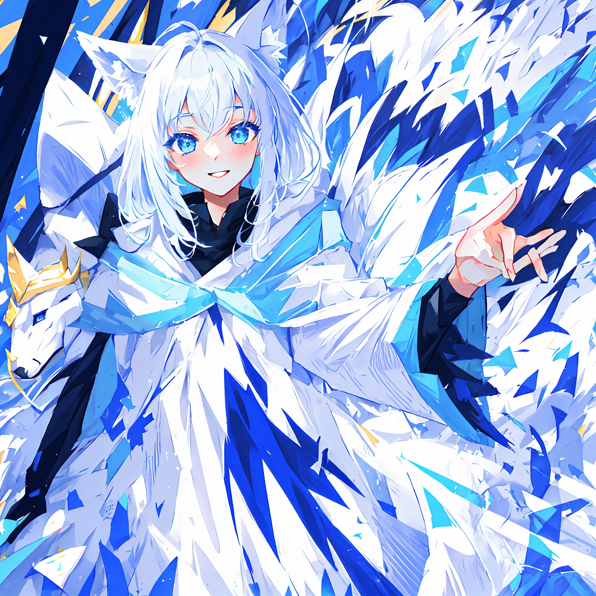 1 girl, furry woman, white fox, masterpiece, light blue eyes, light smile, \: