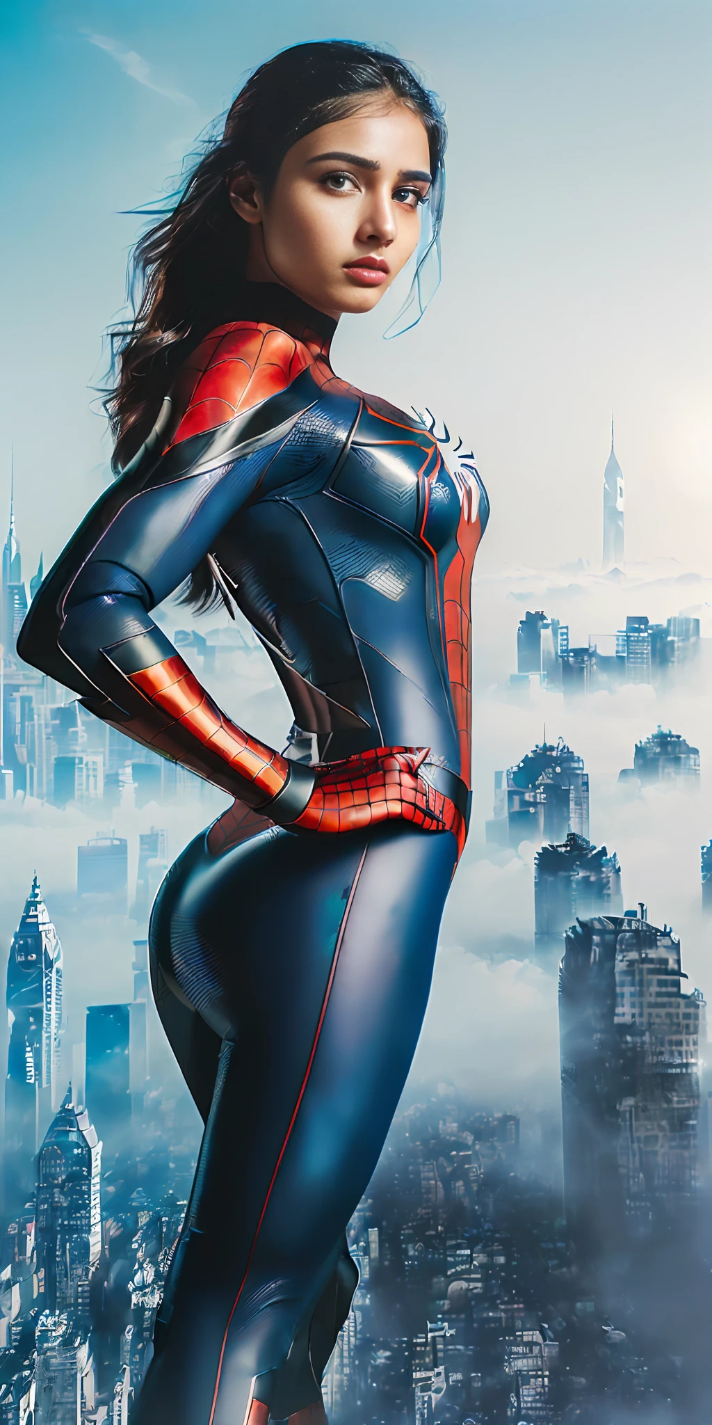 (1girl indian:1.3), Solo, (((Very detailed face)))), ((Very detailed eyes and face)))), Beautiful detail eyes,((gigantic boobs)(,Body parts__, Official art, Unified 8k wallpaper, Super detailed, beautiful and beautiful, beautiful, masterpiece, best quality, original, masterpiece, super fine photo, best quality, super high resolution, realistic realism, sunlight, full body portrait, amazing beauty, dynamic pose, delicate face, vibrant eyes, (from the front), She wears Spider-Man suit, red and black color scheme, spider, very detailed city roof background, rooftop, overlooking the city, detailed face, detailed complex busy background, messy, gorgeous, milky white, highly detailed skin, realistic skin details, visible pores, clear focus, volumetric fog, 8k uhd, DSLR, high quality, film grain, fair skin, photo realism, lomography, futuristic dystopian megalopolis, translucent