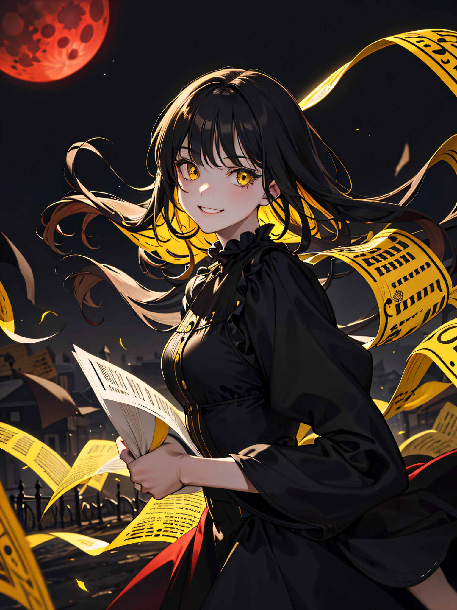 (masterpiece, best quality, exquisite details), 1 girl, weird smile, dark night, opposite camera, yellow paper in hand, street with background late night, black crowd, countryside, red moon, strong wind, eerie atmosphere, creepy, terrified crowd,