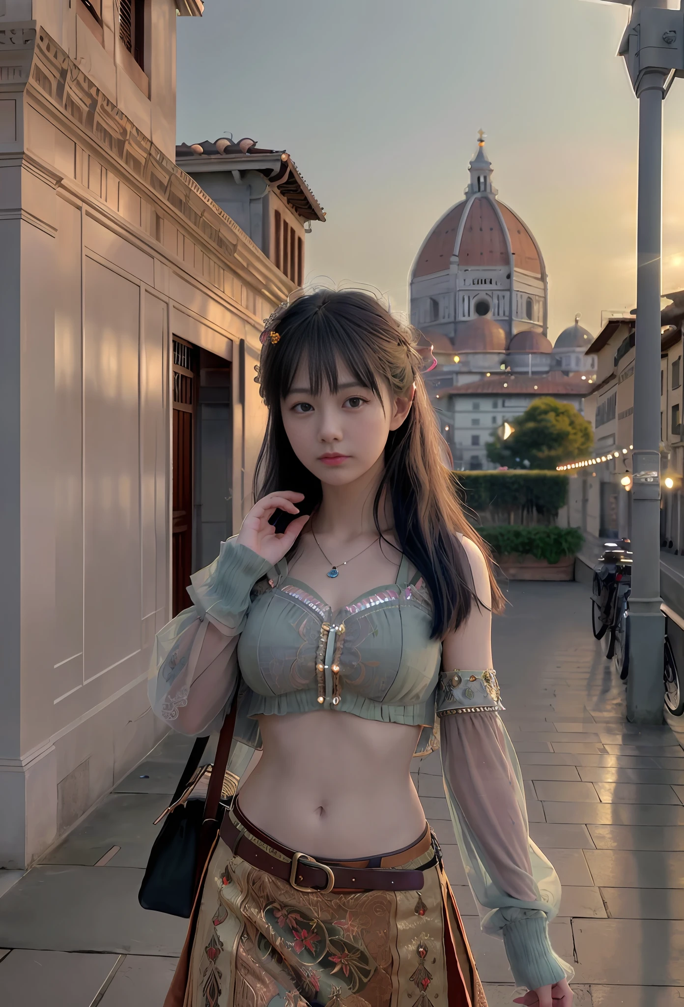 80mm, epic realistic, painting of a dancer on a street of 2020s Florence,(Florence Cathedral background),navel,crowd, by range murata, a big red sun in the background, stunning, matted, paul gauguin, van gogh, art by greg rutkowski and artgerm, soft cinematic light, adobe lightroom, photolab, hdr, intricate, highly detailed, (depth of field:1.4), (dark shot:1.22), neutral colors, (hdr:1.4), (muted colors:1.4), (intricate), (artstation:1.2), hyperdetailed, dramatic, intricate details, (technicolor:0.9), (rutkowski:0.8), cinematic, detailed, soft light, sharp, exposure blend, medium shot, bokeh, (hdr:1.4), high contrast, (cinematic,black and orange:0.85), (muted colors, dim colors, soothing tones:1.3), low saturation, (hyperdetailed:1.2), (noir:0.4), soft light, sharp, exposure blend, medium shot, bokeh, (hdr:1.4), high contrast, (cinematic, red and orange:0.85), (muted colors, dim colors, soothing tones:1.3), low saturation, (hyperdetailed:1.2), (noir:0.4), (intricate details:1.12), hdr, (intricate details, hyperdetailed:1.15)