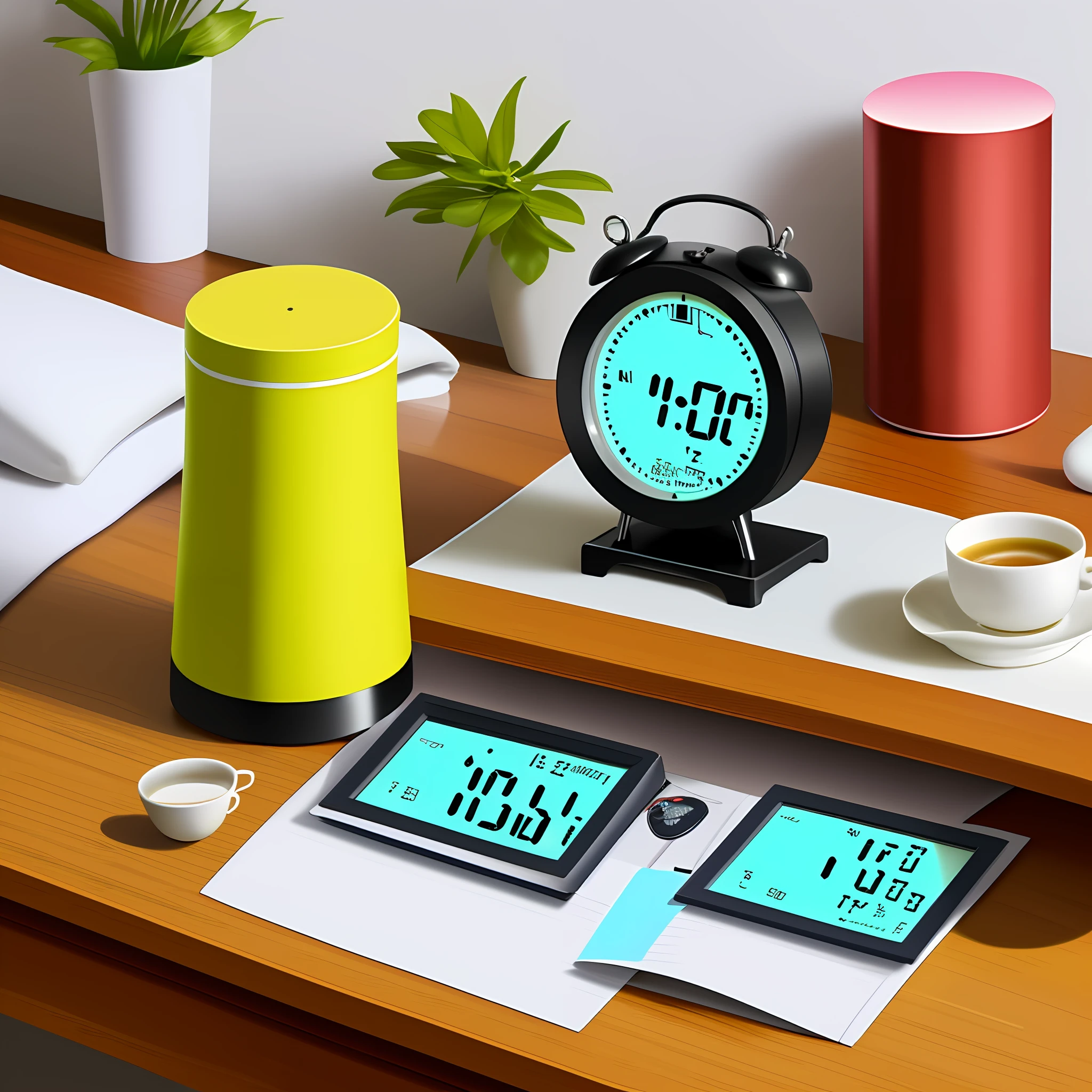 A digital alarm clock on the table, give this alarm clock a close-up, overall bright style.
