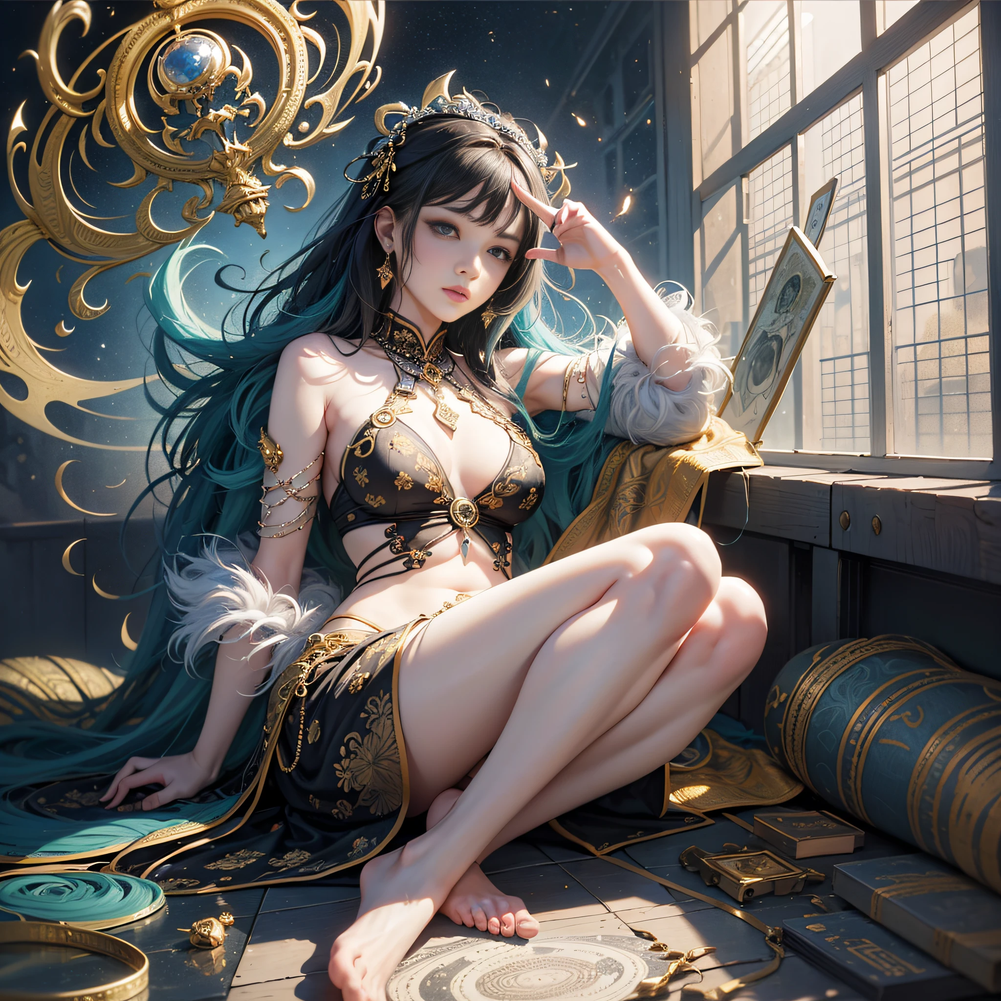 8k, ultra-detailed, beautiful and aesthetic, masterpiece, best quality, (zentangle, mandala, tangled, entangled), (fractal art: 1.3), 1girl, very detailed, dynamic angle, cowboyshot, most beautiful forms chaotic, elegant, fauvist design, bright colors, romanticism, James Jean, Robbie Devi Antono, Ross Tran, Francis Bacon, Michal Mlaz, Adrian Ghenny, Petra Courtwright, Gerhard Richter, Takashi Yamamoto, Ashley Wood, atmospheric, ecstatic notes, flow notes visible, jade feet, barefoot --auto --s2