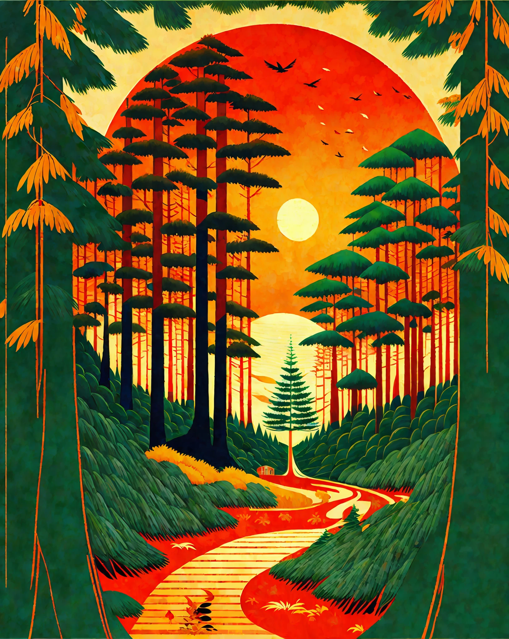 Painting of a japanese crane entering a japanese pine forest, by range murata, a big red sun in the background, front playing card, vector line art, trending in pixiv, anime concept art, awesome, matte, paul gauguin, van gogh