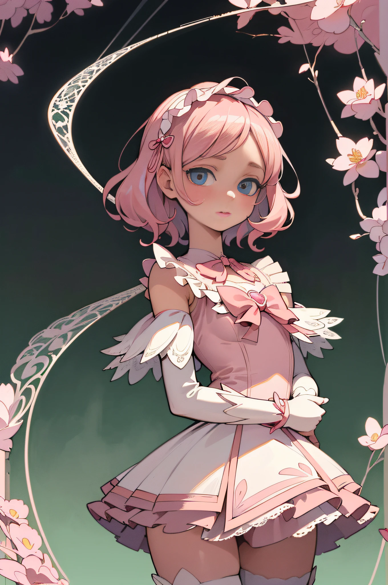 [Detailed illustrations, art based on extremely ideal ???????, very detailed and detailed drawings, delicate lines with slow and urgent, realistic texture expression],(((Color tressed main lines)),(Artwork with outstanding craftsmanship),(Park background),[HENTAI anime Girl Japanese Pretty 14 years old Skinny] Light pink hair ((Magical girl)),((桜花) Floral headband) Low-rise shorts (Short cape (Off-shoulder: 0.5)) ((Lace ruffled ribbon)) (Lace ruffled boots: 0.4),((Silk fabric:0.4)),Transparency (Soft ambient light:0.6) Gravure (Colorful),((Fine and beautiful skin expression (transparency))),((Clear gaze)),((Perfect eye details ( Beautifully drawn eyes))),(Beautiful perfect face (realistic face details)),((Beautiful hair details)),(Perfectly proportioned proportions)),(Design built to a high level,((Advanced structural understanding of materials)),Ideal color coordination),((Artistic decoration)) ((Dense details)),((Detail,High definition)),[( Ultra-precise detail),((Multi-layered texture)),HighQuality,High Resolution],((Accurate simulation of light-material interactions, understanding of air flow, mechanically correct representation)),(((Visual art with a sense of narrative)).