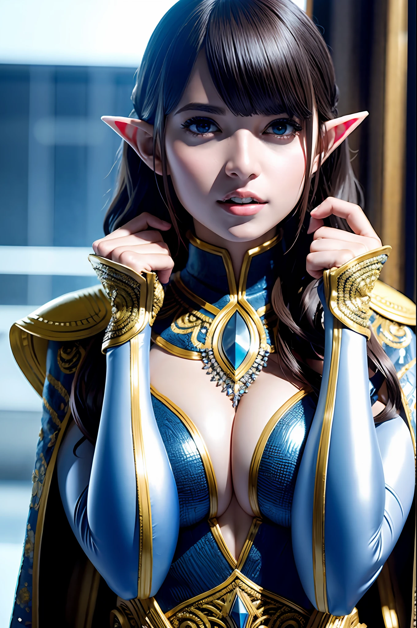 Ultra-detailed complex 3D rendering of the face, (Colossal: 7.8), (Skindent: 1.5), (Masterpiece, Top Quality, Octane Rendering, 8K), Glamour Shots Full Body Image, Very Beautiful Young Elves, Cleavage, Swimsuit, Alone, Micro Bikini, Long Braided Blonde Hair, Blonde Hair, Big Breasts, Wearing Purple and Red Intricate Super Armor, Ultra-realistic photos ((( Portrait))), wearing an intricate blue cloak and intricate yellow leggings on the legs, futuristic city background, facial muscles, in the style of Marvel Comics, ArtStation Trends, Clear Focus, Studio Photography, Intricate Details, Very Detailed, Detailed Eyes, Illustration, Very Detailed, Sharp Focus, Digital Rendering, Professional, Abs