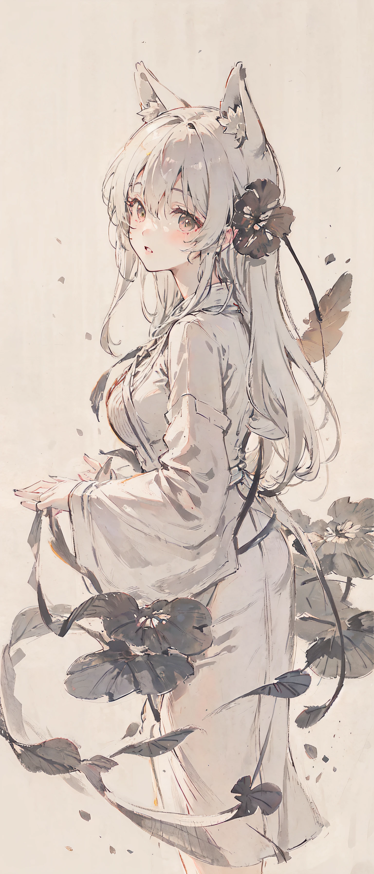 ((4k,masterpiece,best quality)), shuimobysim, traditional chinese ink painting, lotus, hanfu, maxiskit, dress conservatively
1 girl, solo, white hair, long hair, fox ears, white, bikini, fish, many fish near girl, look at viewer, tease