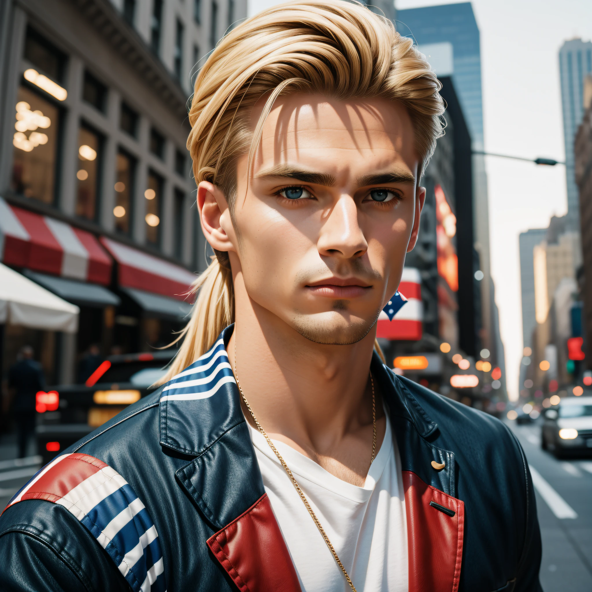 RAW Photo of stylish man, A strong jawline ,a healthy glow, Fair skin,Usa Flag themed outfit, Handsome,Usa citizen harsh details ,Eye catching photo, New york background Masterpiece picture, Blonde hair ,nikon d850 film stock photograph 4 kodak portra 400 camera f1.6 lens rich colors hyper realistic lifelike texture dramatic lighting unreal engine trending on artstation cinestill 800,8k,cinematic,cinematic shot,