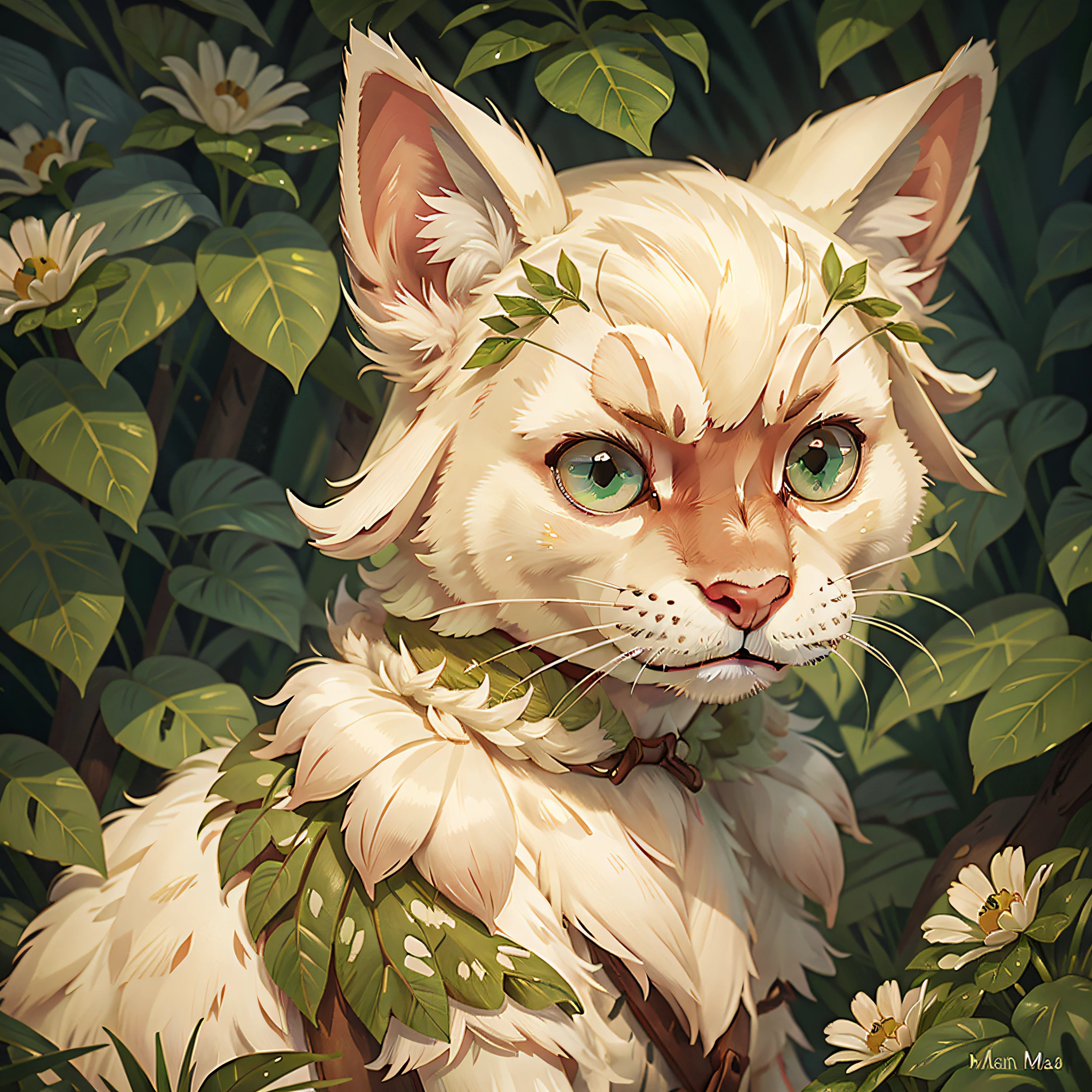 A Maine with green eyes, white fur, elegant and gentle