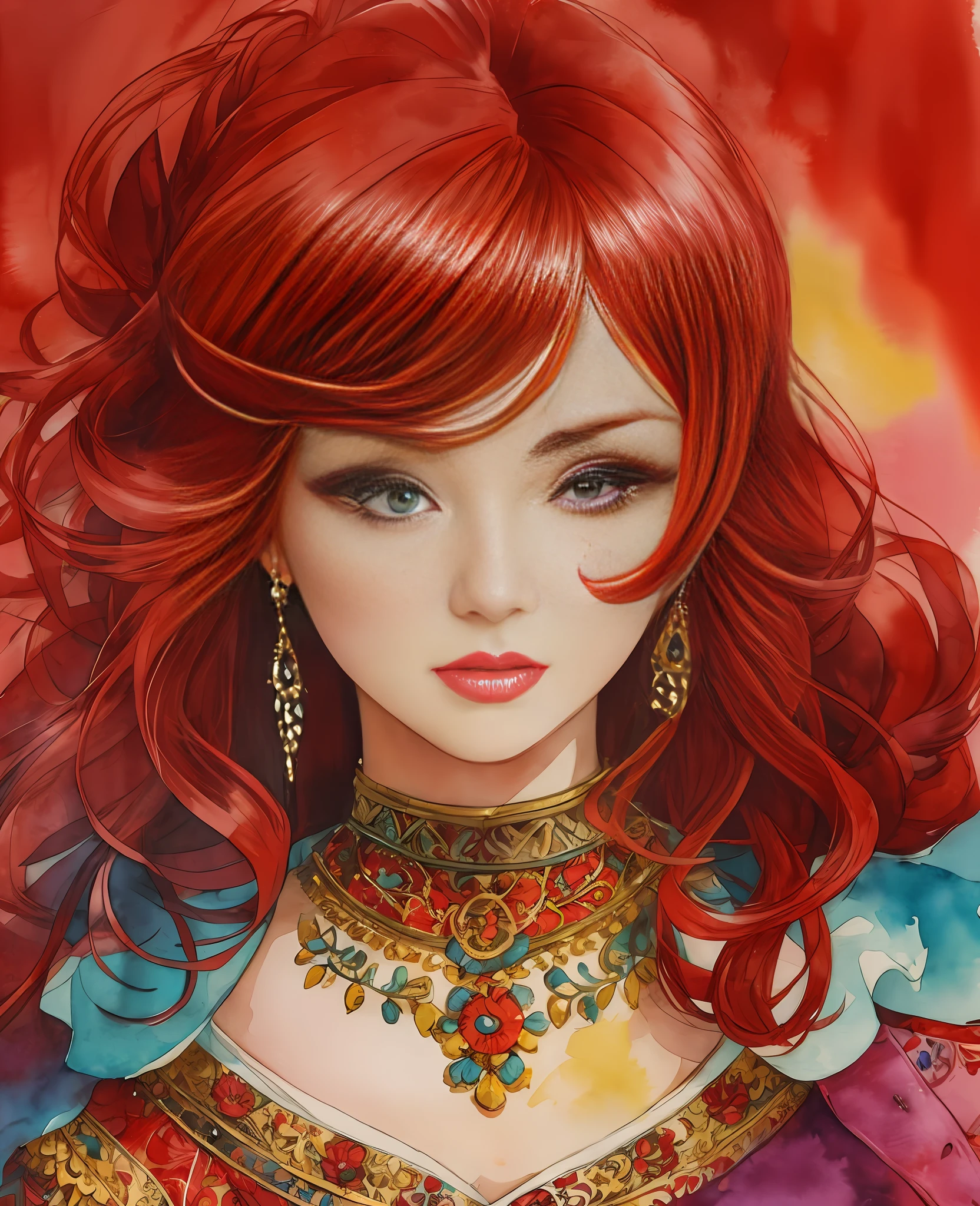 Beautiful girl, red hair, retro fashion, chibi and real style, masterpiece, colorful background, detailed, intricate details, rich colors, realistic style, soft watercolor