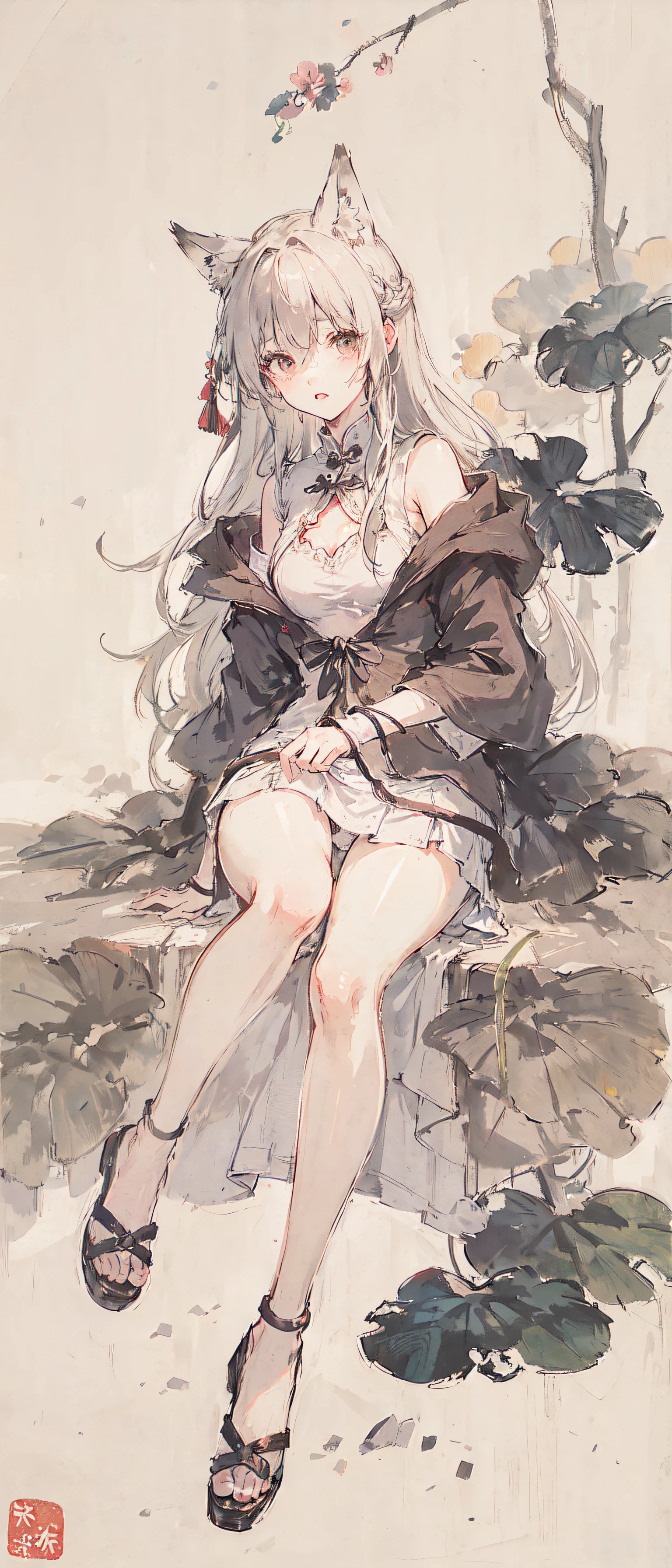 ((4k,masterpiece,best quality)), shuimobysim, traditional chinese ink painting, lotus, hanfu, maxiskit, dress conservatively
1 girl, solo, white hair, long hair, fox ears, white, bikini, fish, many fish near girl, look at viewer, tease