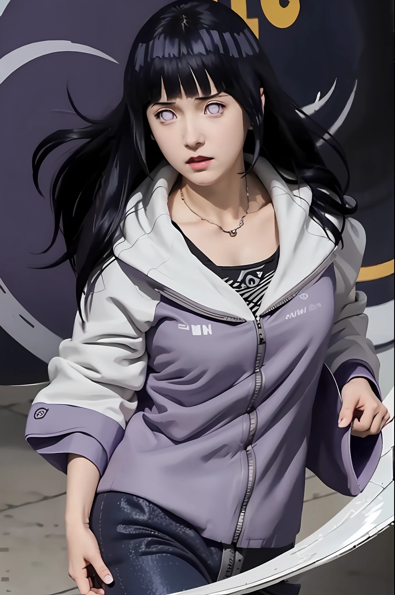 a girl in a purple jacket and black pants standing in front of a circular object, hinata hyuga, hinata hyuga from naruto, dark blue haired girl wearing hoodie, anime girl of the future, blunt bangs, purple eyes, red lips