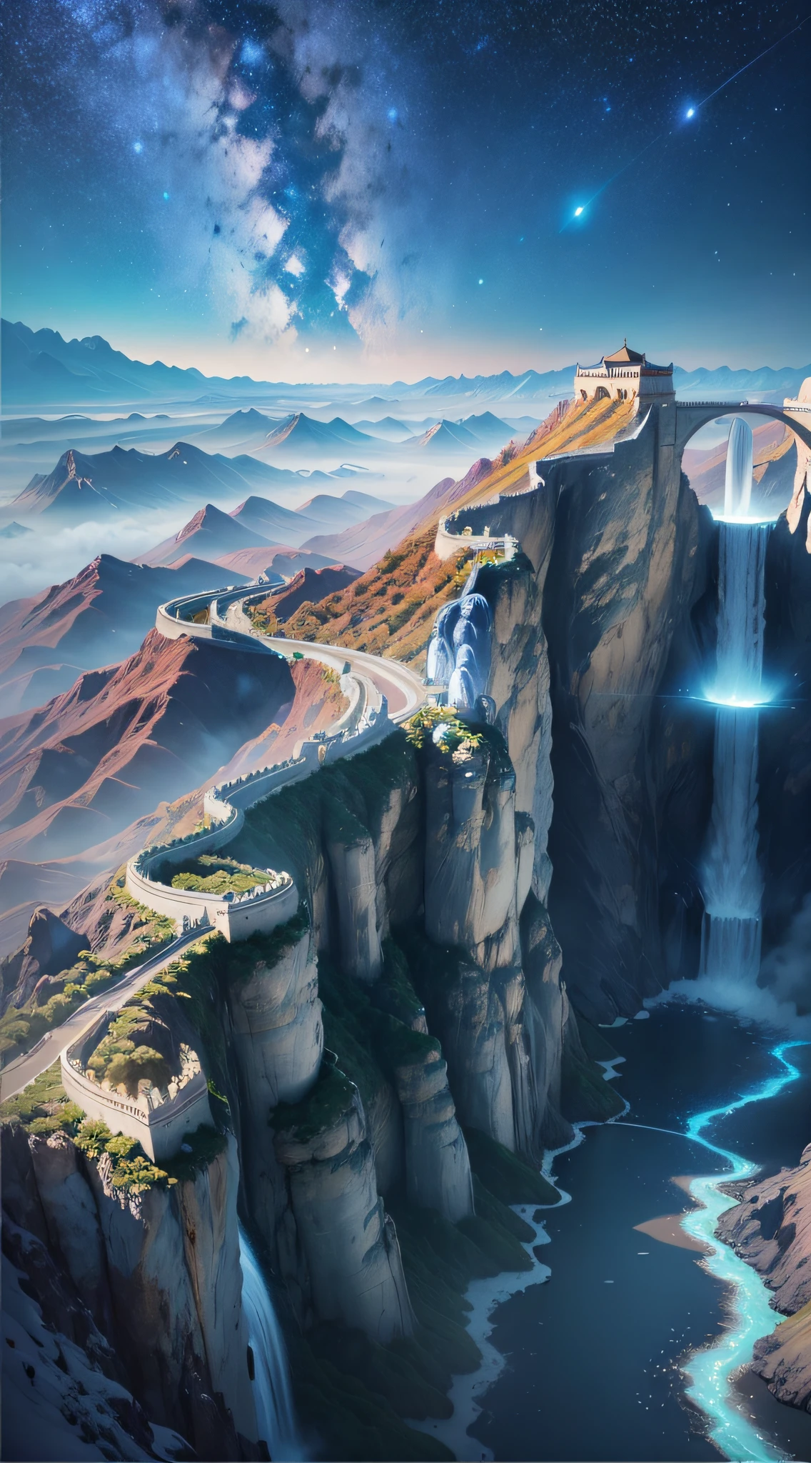 This is surreal and complex CG rendering. At night, the light blue sky is covered with a large waterfall on the golden river, Tron-style majestic Great Wall of China, glowing path, Milky Way, huge waterfall, starlight, art, HD, starry sky, many small but colorful glowing particles, making up the Milky Way, Arctic, tundra and iceberg, huge waterfall, fantasy, high detail, beautiful, 8K, octane lights and shadows, complex details, ultra-wide angle, panoramic shooting, 8K. HD. Landscape photography: Marc ADAMUS, photorealistic volumetric light, 8Kv volumetric light HD,--ar 9:16 --auto --s2