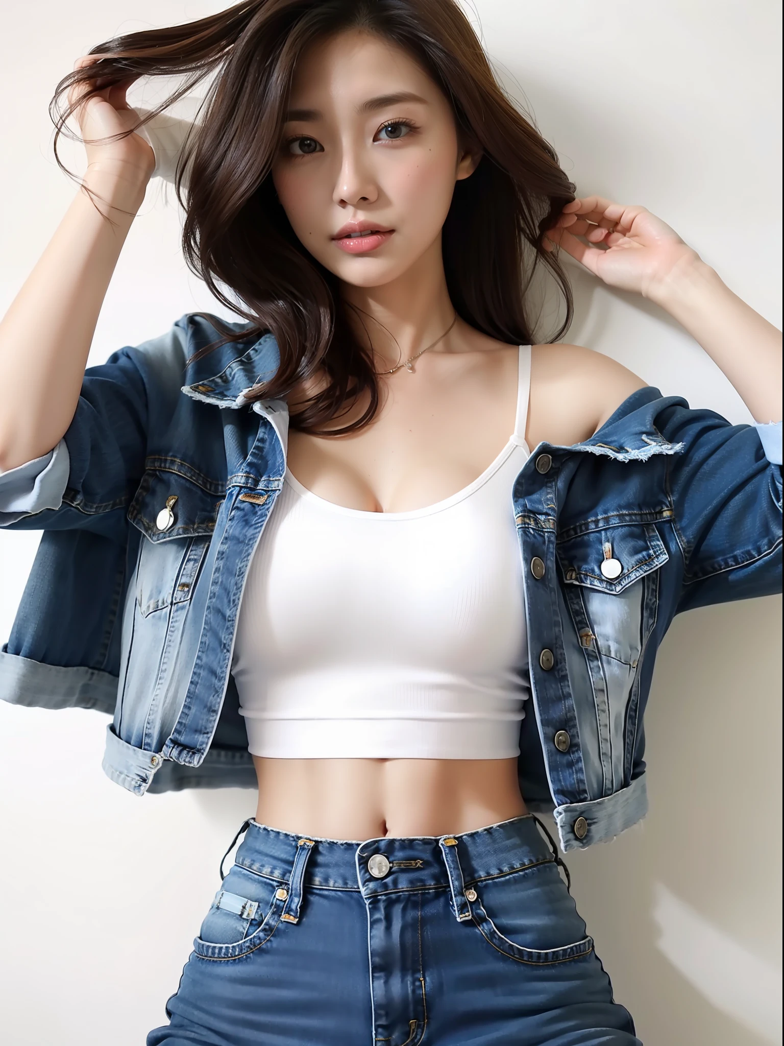 Girl taking photo in white bra and tight denim, arms behind back, full body, cropped t-shirt, bra, slim figure, big bust, slim girl model, 25 year old female model, sexy married woman model,