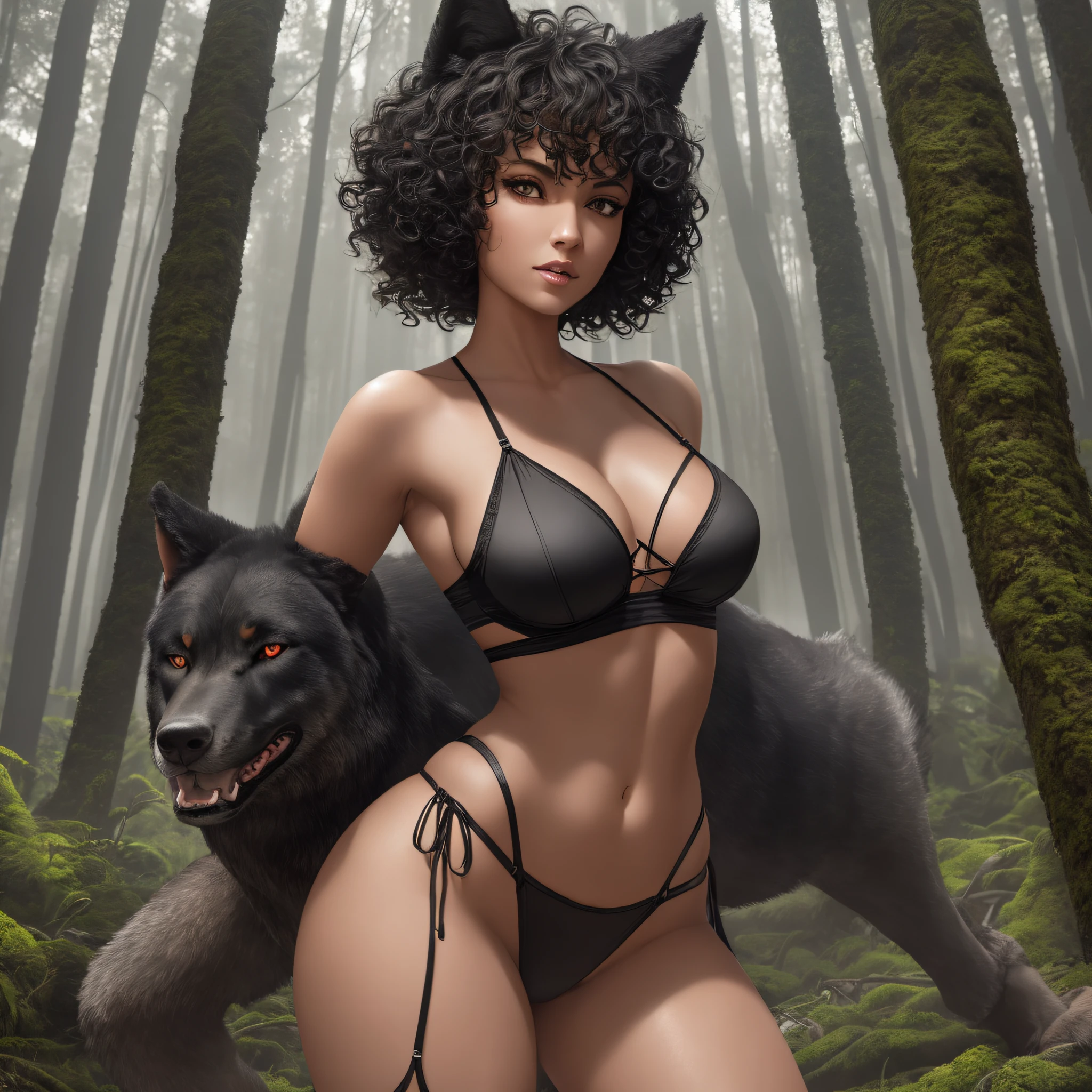 Sensual woman with legs wide open, touching, short curly hair, tight black sexy micro lingerie, tight panties tucked in, accompanied by a strong and strong big wolf with red eyes in a dark and realistic forest, backlighting, cinematic lighting, wide shot, 8k, super detail --auto --s2