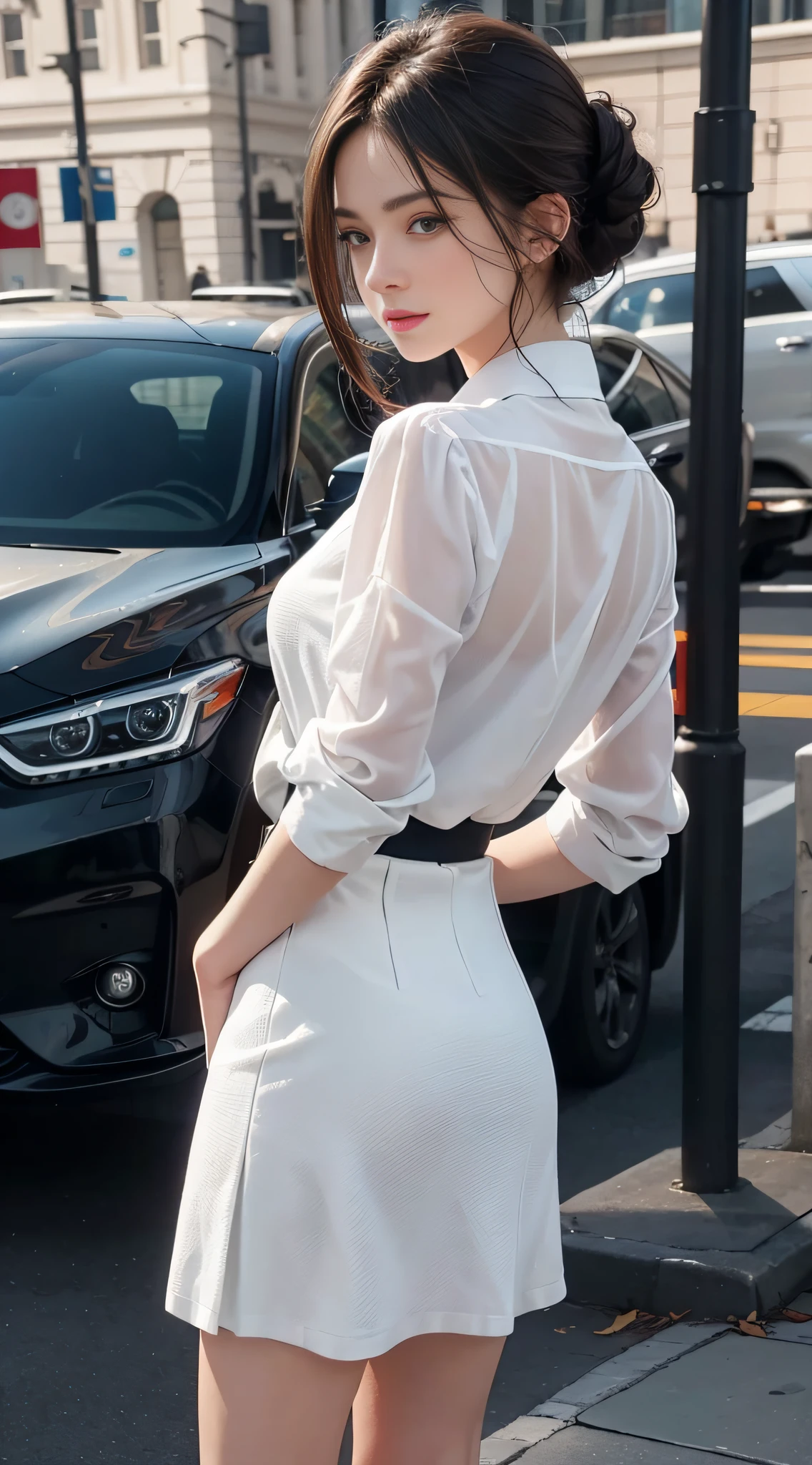 (Photoreal: 1.4), (Hyperrealistic: 1.4), (Realistic: 1.3), (Smooth: 1.05), (Improved cinematic lighting quality: 0.9), 32K, 1 female, 24 years old, (Angle from Back), Realistic Lighting, Backlight, Face Lights, Ray Tracking, (Bright Light: 1.2), (Quality Improvement: 1.4), ( Top quality realistic textured skin: 1.4), fine detailed eyes, detailed face, fine quality eyes, dark brown eyes, (tired and sleepy and satisfied: 0.0), white blouse, dark blue skirt, dark brown hair, pure white silk socks, loafer shoes, (shiny smooth fabric white silk socks: 1.5), dark brown hair