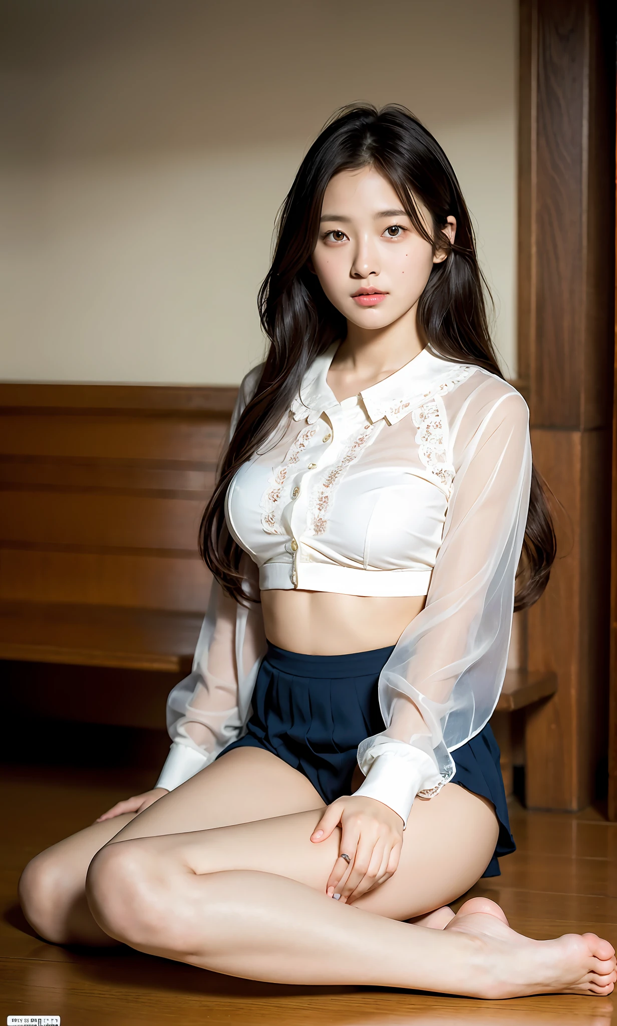 ulzzang-6500-v1.1, (Raw photo:1.2), (Photorealistic:1.4), Beautiful detailed girl, Very detailed eyes and face, Beautiful detailed eyes, Ridiculous, Incredibly ridiculous, Huge file size, Ultra detailed, High resolution, Very detailed, Top quality, Masterpiece, Kemomimi, (( Japan girls' high school sheer white blouse)), (( without jacket)),illustration, very detailed, cg, unified, 8k wallpaper, fantastic, fine details, masterpiece, best quality, highly detailed cg uniform 8k wallpaper, light on face, movie lighting, 16 year old girl, (without panties)), ((without bra)), ((dynamic pose))), (camel toe), (half), (bare feet), (sitting legs bent with knees spread))