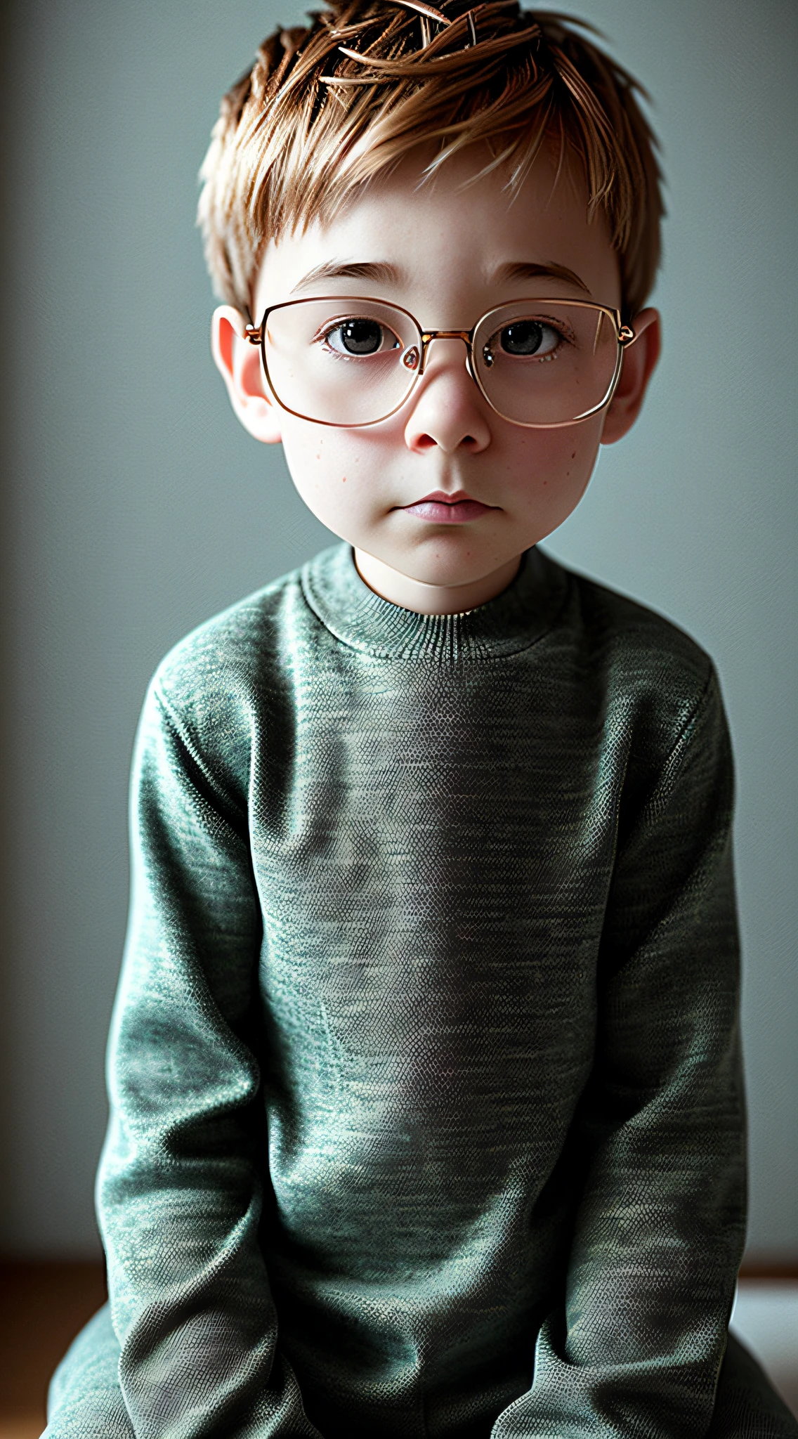 there is a young boy wearing glasses sitting on a bed, wears glasses, spectacled, inspired by Leo Leuppi, with glasses, wearing glasses, detailed portrait shot, pouty look :: octane render, perfectly centered portrait, wearing round glasses, by Andrei Kolkoutine, by Maciej Kuciara, big glasses, with glasses on, glasses