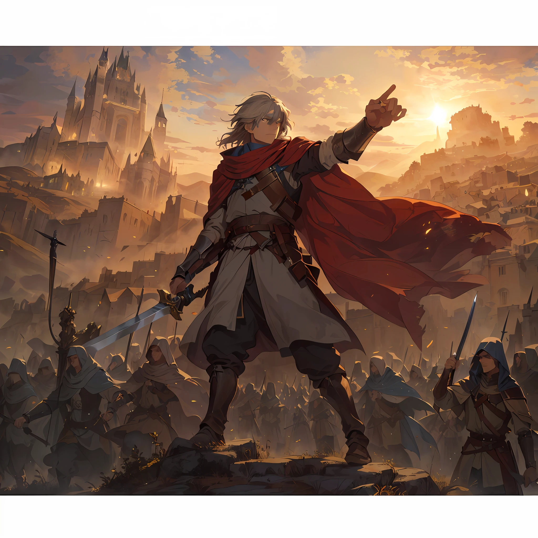 In the European Middle Ages, a man with a sword stood on a hillside rock, he wore a cloak, stretched out his finger to the sky, followed by a dense uprising revolutionary procession, all under the man's command heroically and fearlessly charged forward