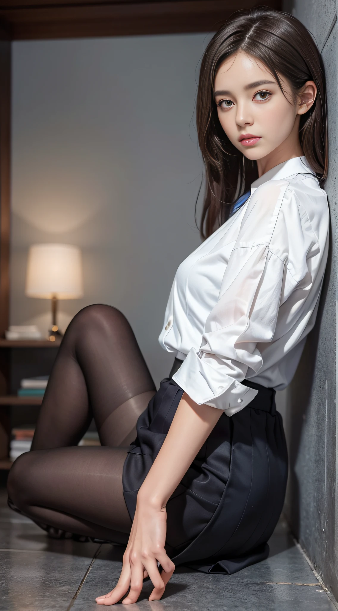 (Photoreal: 1.4), (Hyperrealistic: 1.4), (Realistic: 1.3), (Smooth: 1.05), (Improved cinematic lighting quality: 0.9), 32K, 1 female, 24 years old, (Angle from Back), Realistic Lighting, Backlight, Face Lights, Ray Tracking, (Bright Light: 1.2), (Quality Improvement: 1.4), ( Top quality realistic textured skin: 1.4), fine detailed eyes, detailed face, fine quality eyes, dark brown eyes, (tired and sleepy and satisfied: 0.0), white blouse, dark blue skirt, dark brown hair, pure white silk socks, loafer shoes, (shiny smooth fabric white silk socks: 1.5), dark brown hair