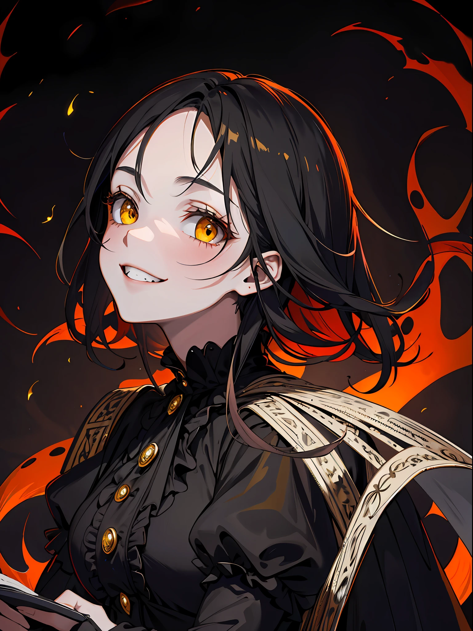 (Masterpiece, Best Quality, Exquisite Details), 1 Girl, Spooky Smile, Dark Night, Opposite Camera, Yellow Paper in Hand, Streets with Late Night in the Background, Black Crowd, Country, Red Moon, Gale, Spooky Atmosphere, Creepy, Frightened Crowd, Flying Animals, Thick Fog, Spooky Light