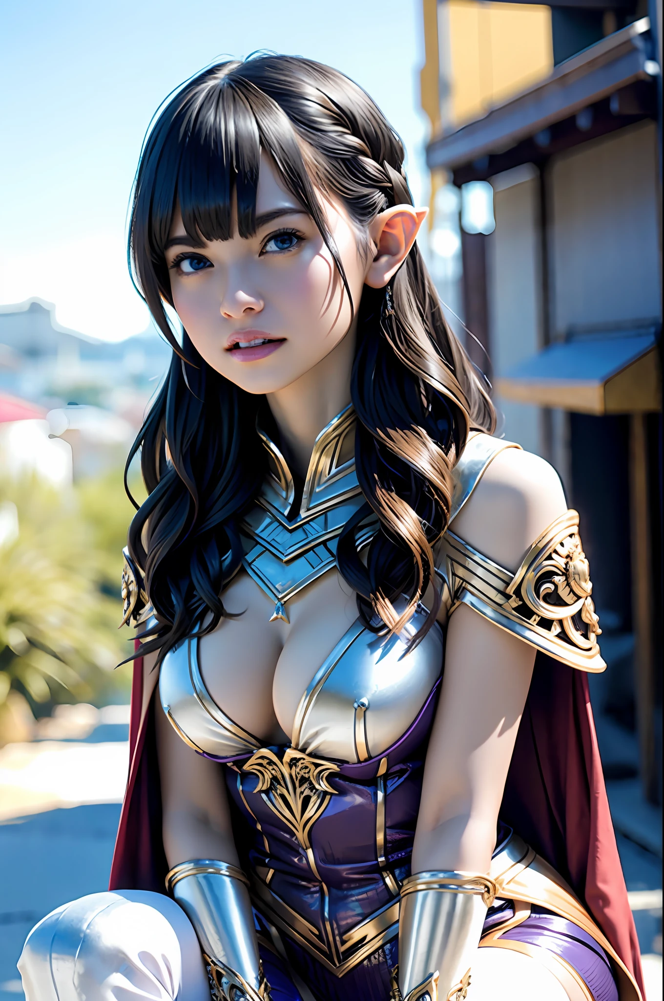 Ultra-detailed complex 3D rendering of the face, (Colossal: 6.8), (Skindent: 2.5), (Masterpiece, top quality, octane rendering, 8K), glamour shots full body image, very beautiful young elves, cleavage, swimsuit, one, micro bikini, long braided blonde hair, blonde, big breasts, wearing intricate super armor of silver and purple and red, ultra-realistic photos ((( Portrait))), wearing an intricate gold cape and intricate white metal leggings on the legs, futuristic city background, facial muscles, in the style of Marvel Comics, ArtStation Trends, Clear Focus, Studio Photography, Intricate Detail, Very Detailed, Detailed Eyes, Illustration, Very Detailed, Sharp Focus, Digital Rendering, Professional