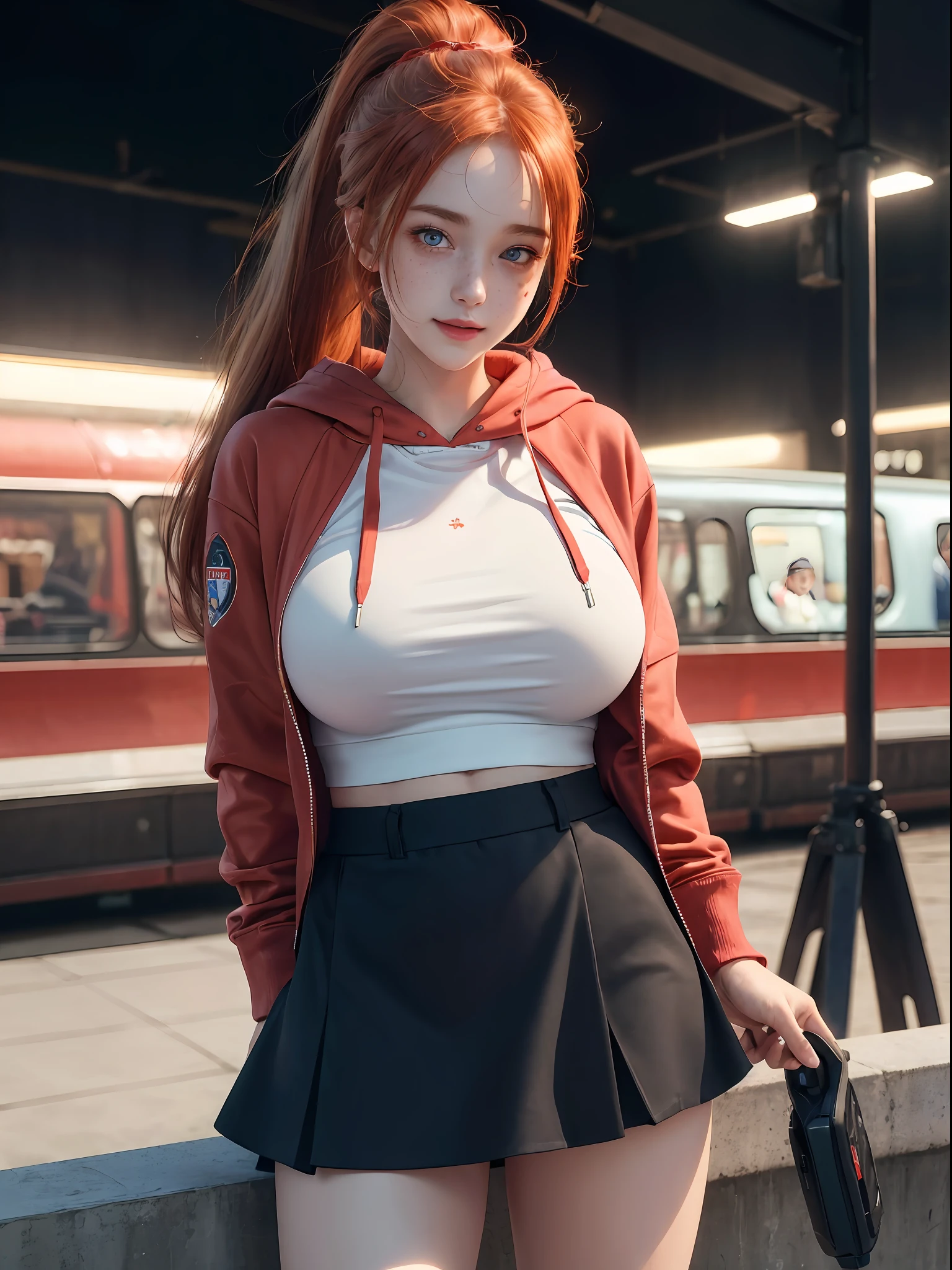 (insanely detailed, beautiful detailed face, masterpiece, best quality), ginger hair, ultra detailed beautiful eyes, very long hair, blush, looking at viewer, big boobs, glowing eyes, freckles, (subway background), blushed, beautiful detailed glow, lots of glow, smilling, bubble personality, happy, extroverted personality, only face, focus on face, wearing a red oversized red zip hoodie, focus on eyes, wearing light blue baseball cap, hyper-realistic, perfect hand, ginger hair, ponytail hair, upskirt perspective, wearing black short skirt, pov, solo, (masterpiece, extremely_detailed_CG, 8k_wallpaper:1.2 ) highlight, shadow, knee, from below, blushed, night, busty, big boobs, showing boobs, naked, unziped hoodie, playing electrical guitar,