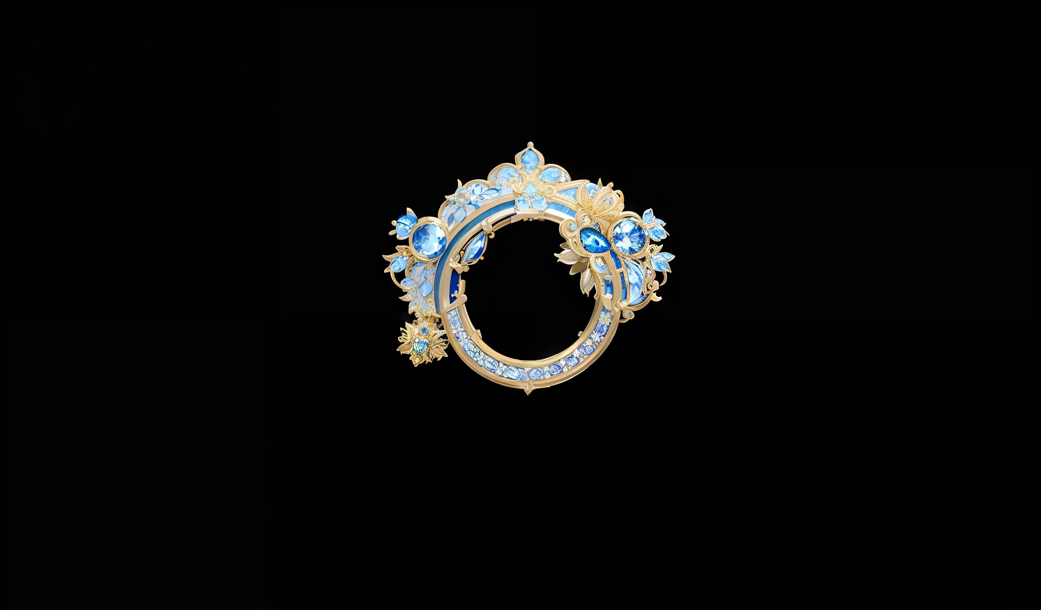 a close up of a ring with a diamond and blue and white decoration, intricate ornament halo, gold gilded circle halo, ornamental halo, ornament crown, golden circlet, circlet, corona rendered, intricate ornamented tiara, ornate gem in pommel, filigree frame, with ornate jewelled, hyper detailed ornament, tiara with sapphire