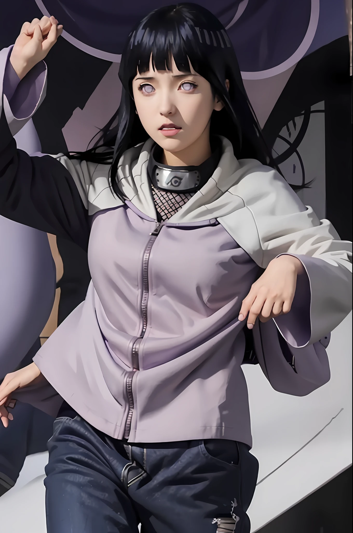 a girl in a purple jacket and black pants standing in front of a circular object, hinata hyuga, hinata hyuga from naruto, dark blue haired girl wearing hoodie, anime girl of the future, blunt bangs, purple eyes, pink lips