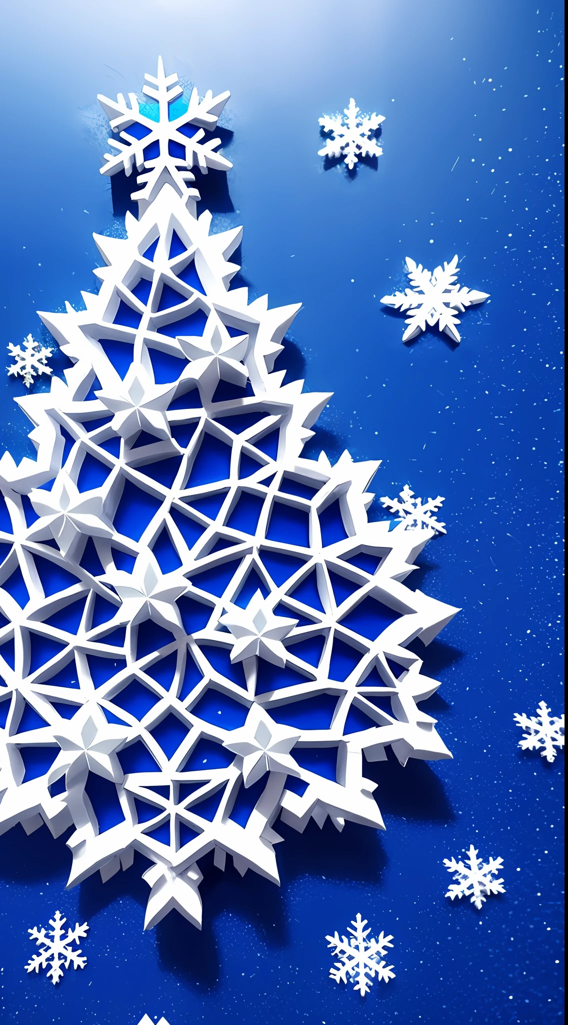 KIRIGAMI style: one Christmas tree made of snowflakes on a blue background, detail, white snow, shining lights, dynamic angle, discussed atmosphere of fun and celebration. --auto --s2