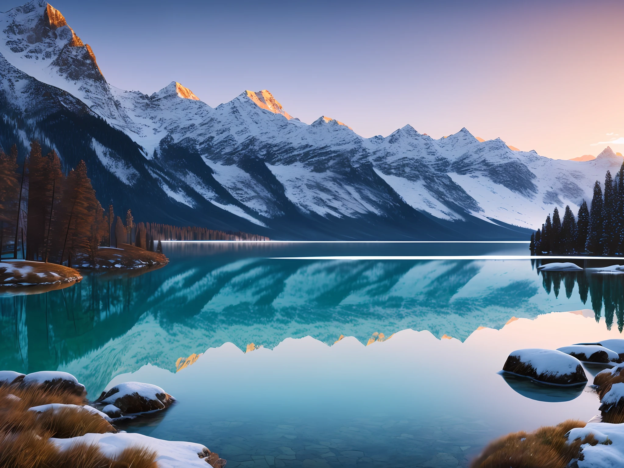 A peaceful place, very pleasant, beautiful, calm and scenic. Realistic, Lake, Distant Snowy Mountains, 8K UHD, Studio Quality, Ultra Realistic, Maximum Detail, Massive Scale, Post-Process, Realistic, Photo Realism, Photoshop, Photography, Detailed, Cinematic Lighting, Landscape, Panorama, Landscape, Ray Tracing, Cinema4D