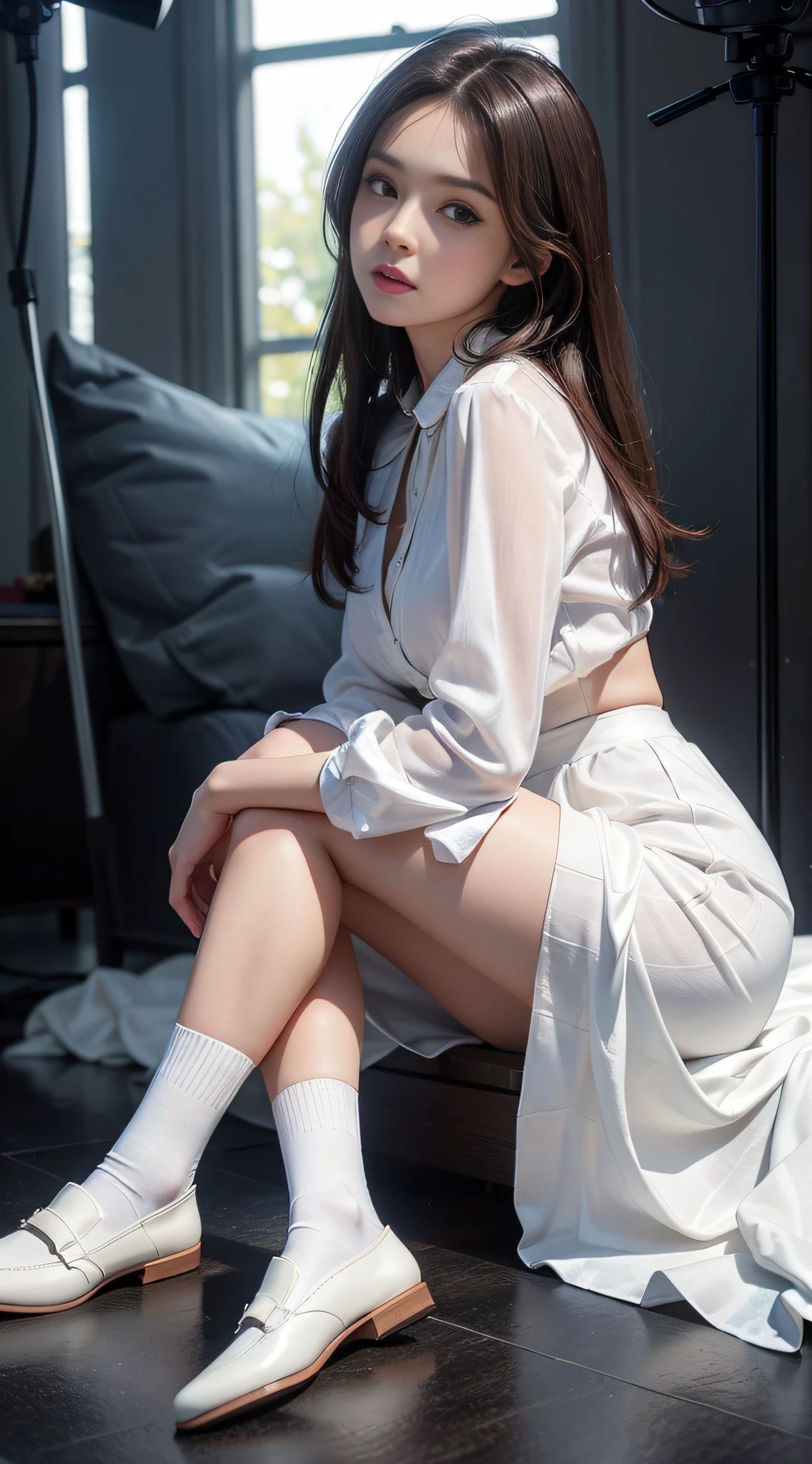 (Photoreal: 1.4), (Hyperrealistic: 1.4), (Realistic: 1.3), (Smooth Lighting: 1.05), (Improved Cinematic Lighting Quality: 0.9), 32K, 1 female, 24 year old business woman, looking at camera through buttocks with buttocks turned, realistic lighting, backlight, face lights, ray tracking, (bright lightA: 1.2), (Quality improvement: 1.4), (Quality improvement: 1.4), Fine detailed eyes, Detailed face, Fine quality eyes, Dark brown eyes, (Tired and sleepy and satisfied: 0.0), White blouse, dark blue skirt, dark brown hair, pure white silk socks, loafer shoes, (shiny smooth fabric white silk socks: 1.5), dark brown hair