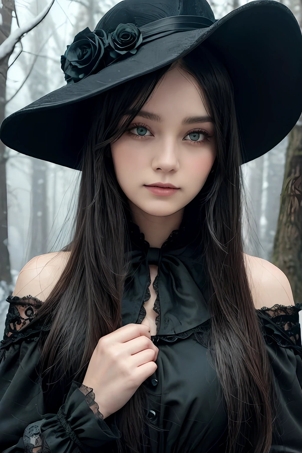 (Upper body close up), a woman in black victorian dress, black hat, off shoulder, (skull trinkets,dark roses adorning), green topaz eyes,snow forest background, snowfall, ((intricate detailed)) , (highly detailed skin,face,eyes), delicate eyes, large-breasted, high detailed eyes, cinematic lighting, ultra hi-res photo, (masterpiece,top quality,realistic),