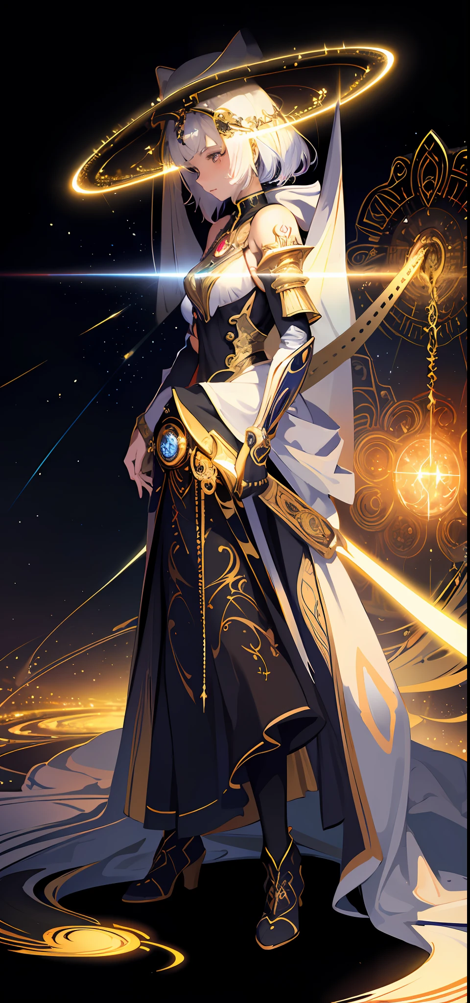 (masterpiece, top quality, best quality, official art, beautiful and aesthetic:1.2), (1girl), extreme detailed, (fractal art:1.3), colorful, highest detailed, perfect face, upper body, HDR, (praying:1.3), (white cloak golden lines:1.2), galaxy, (light streaks), striking visuals, (dynamic streaks, luminous trails:1.2), vibrant colors,