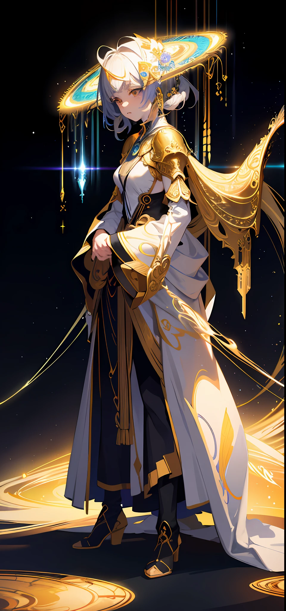 (masterpiece, top quality, best quality, official art, beautiful and aesthetic:1.2), (1girl), extreme detailed, (fractal art:1.3), colorful, highest detailed, perfect face, upper body, HDR, (praying:1.3), (white cloak golden lines:1.2), galaxy, (light streaks), striking visuals, (dynamic streaks, luminous trails:1.2), vibrant colors,