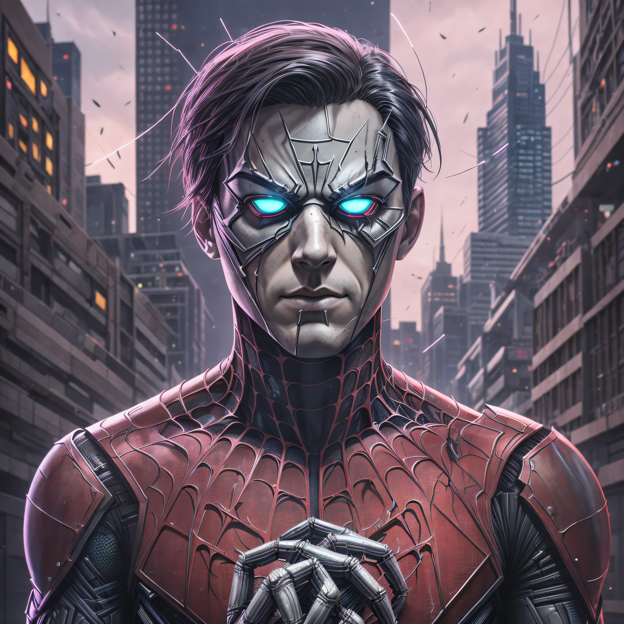 gloomy portrait of Bloody Spider-Man from Marvel with intricate angular cybernetic implants inside a brutalist building, gothic brutalist cathedral, cyberpunk, award-winning photo, bokeh, neon lights, cybernetic limb --auto --s2