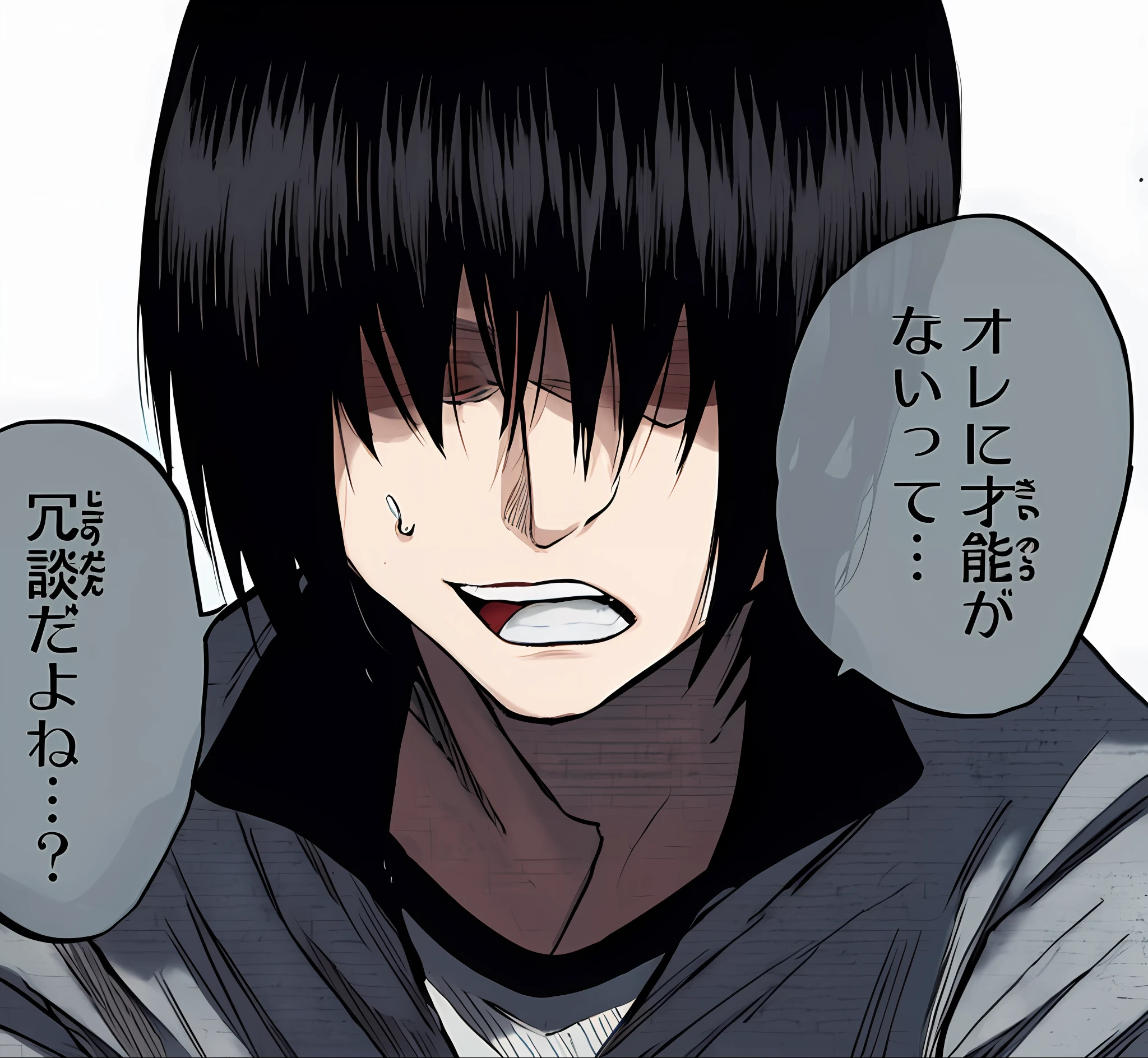 a close up of a person with a speech bubble, no eyes, no eye, jacket, black hair, color manga, manga color, color manga, color manga panel, simple background, a white background