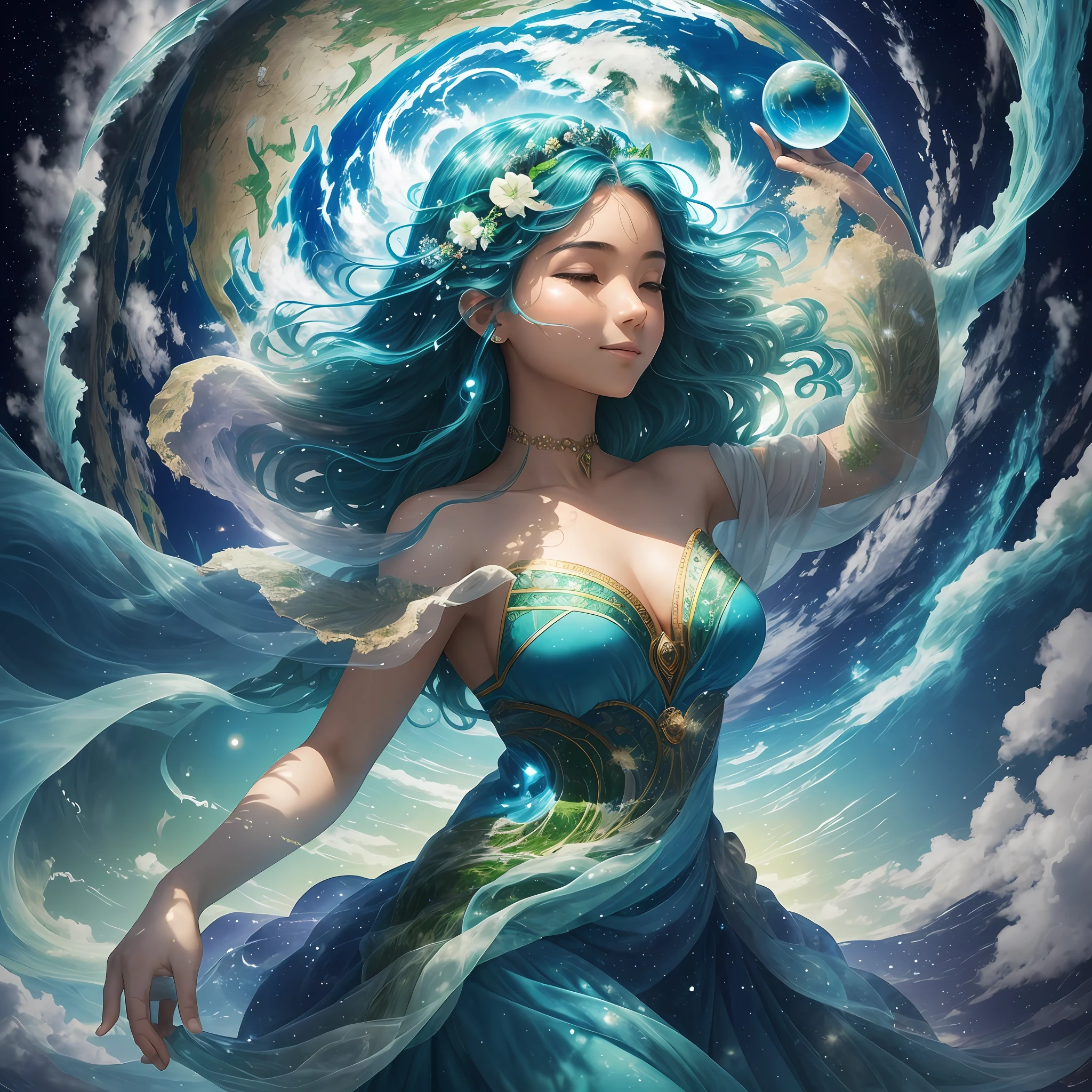 The Daughter of the Earth is an image full of life and wisdom.
Her hair is a rich green, like the grass and trees that flourish on the earth, exuding a fresh breath. Her eyes are deep and bright, like the waves of the sea, revealing insight and care for the world.
She wore an elegant and colorful long dress with the continents and oceans of the earth depicted, showing the diversity and grandeur of the earth. At the corner of the skirt flows a gentle sea of clouds and waterfalls, symbolizing the flow of water and the moisturization of life.
Her arms were slender and soft, bathed in the rays of the sun. She holds a transparent crystal ball in both hands, which reflects the blue and green of the earth, symbolizing the vitality and vitality of the sea and land. The crystal ball emits a faint glow, representing hope and future on earth.
Under her feet stood a brilliant colored cloud, which shimmered with colorful light, symbolizing the diverse integration of various nationalities and cultures. She dances freely and becomes a dancer of the earth, presenting the dynamics and vitality of the earth.
The smile of the Daughter of the Earth reveals her love and care for the earth, and she is the guardian of the earth. Exuding an atmosphere of tranquility and wisdom, she encourages people to respect the planet, protect the environment and work together to build a better, more prosperous world.
Through this image, we realize that the earth is our common home and that we should take care of it with love and care. Daughter of the Earth reminds each of us of our responsibility to the environment and the planet, while also evoking our love of nature and thinking about the future of the planet. She inspires people to come together and work together to contribute to the sustainable development of the planet. --auto --s2
