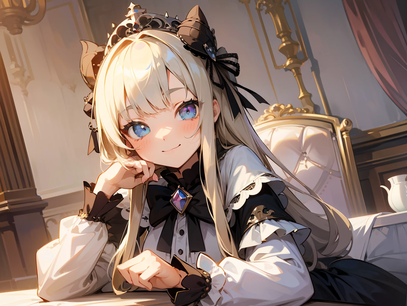 Prompt: 8k resolution, delicate facial features, loli, single, heterochromic pupils, arrogant, teasing smile, blonde, princess cut, bow hair ornament, brooches, mini crown, silver dress, lolita style, gothic style, barefoot, sitting, hands folded, facing the viewer, otaku room, female imp
