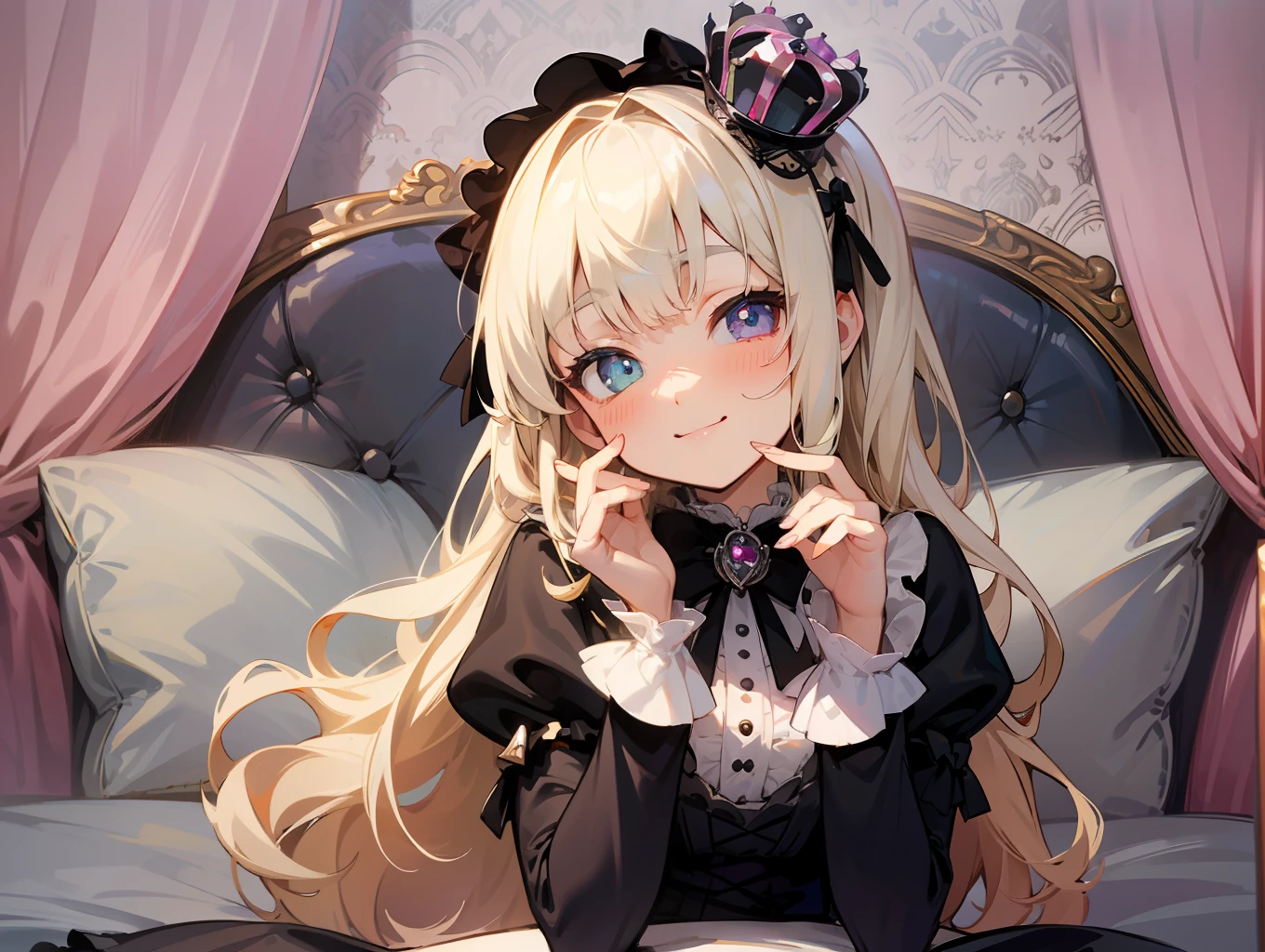 Prompt: 8k resolution, delicate facial features, loli, single, heterochromic pupils, arrogant, teasing smile, blonde, princess cut, bow hair ornament, brooches, mini crown, silver dress, lolita style, gothic style, barefoot, sitting, hands folded, facing the viewer, otaku room, female imp